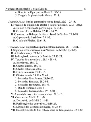 Números (Comentário Bíblico Moody) 8
4. Derrota de Ogue, rei de Basã. 21:33-35.
5. Chegada às planícies de Moabe. 22: 1.
Segunda Parte: Intriga estrangeira contra Israel. 22:2 – 25:18.
I. Fracasso de Balaque de afastar o Senhor de Israel. 22:2 – 24:25.
A. Balaão é convocado por Balaque. 22:2-40.
B. Os oráculos de Balaão. 22:41 – 24:25.
II. O sucesso de Balaque de afastar Israel do Senhor. 25:1-18.
A. O pecado de Baal-Peor. 25:1-5.
B. O zelo de Finéias. 25:6-18.
Terceira Parte: Preparativos para a entrada na terra. 26:1 – 36:13.
I. Segundo recenseamento, nas Planícies de Moabe. 26:1-65.
II. A lei da herança. 27:1-11.
III. Indicação do sucessor de Moisés. 27:12-23.
lV. Terceira lista sacerdotal. 28:1 - 29:40.
A. Introdução. 28:1, 2.
B. Ofertas diárias. 28:3-8.
C. Ofertas sabáticas. 28:9, 10.
D. Ofertas mensais. 28:11-15.
E. Ofertas anuais. 28:16 - 29:40.
1. Festa dos Pães Asmos. 28:16-25.
2. Festa das Semanas. 28:26-31.
3. Festa das Trombetas. 29:1-6.
4. Dia da Expiação. 29:7-11.
5. Festa dos Tabernáculos. 29:12-40.
V. A validade dos votos das mulheres. 30:1-16.
VI. Guerra com Midiã. 31:1-54.
A. Destruição de Midiã. 31:1-18.
B. Purificação dos guerreiros. 31:19-24.
C. Divisão dos despojos de guerra. 31:25-54.
VII. Estabelecimento de duas tribos e meia na Transjordânia. 32:1-42.
 