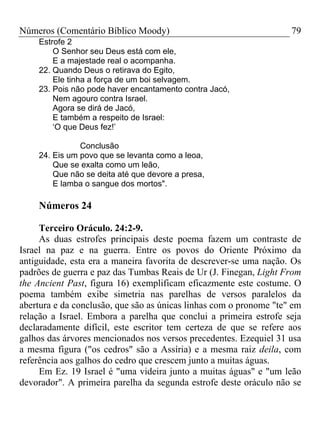 Números (Comentário Bíblico Moody)                                  79
    Estrofe 2
        O Senhor seu Deus está com ele,
        E a majestade real o acompanha.
    22. Quando Deus o retirava do Egito,
        Ele tinha a força de um boi selvagem.
    23. Pois não pode haver encantamento contra Jacó,
        Nem agouro contra Israel.
        Agora se dirá de Jacó,
        E também a respeito de Israel:
        ‘O que Deus fez!’

               Conclusão
    24. Eis um povo que se levanta como a leoa,
        Que se exalta como um leão,
        Que não se deita até que devore a presa,
        E lamba o sangue dos mortos".

    Números 24

     Terceiro Oráculo. 24:2-9.
     As duas estrofes principais deste poema fazem um contraste de
Israel na paz e na guerra. Entre os povos do Oriente Próximo da
antiguidade, esta era a maneira favorita de descrever-se uma nação. Os
padrões de guerra e paz das Tumbas Reais de Ur (J. Finegan, Light From
the Ancient Past, figura 16) exemplificam eficazmente este costume. O
poema também exibe simetria nas parelhas de versos paralelos da
abertura e da conclusão, que são as únicas linhas com o pronome "te" em
relação a Israel. Embora a parelha que conclui a primeira estrofe seja
declaradamente difícil, este escritor tem certeza de que se refere aos
galhos das árvores mencionados nos versos precedentes. Ezequiel 31 usa
a mesma figura ("os cedros" são a Assíria) e a mesma raiz deila, com
referência aos galhos do cedro que crescem junto a muitas águas.
     Em Ez. 19 Israel é "uma videira junto a muitas águas" e "um leão
devorador". A primeira parelha da segunda estrofe deste oráculo não se
 