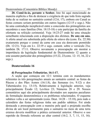 Deuteronômio (Comentário Bíblico Moody)                                 53
     20. Comê-lo-ás, perante o Senhor. Isto foi aqui mencionado de
maneira explícita a fim de destacar a exigência de que toda festa sagrada
tinha de se realizar no santuário central (12:6, 17), embora em Canaã as
festas comuns seriam permitidas em outros lugares (12:15 e segs.). Não
há uma contradição inexplicável entre a concessão dos primogênitos aos
sacerdotes e suas famílias (Nm. 18:15-18) e este participar da família do
ofertante na refeição cerimonial. Veja 14:23-27 onde há uma situação
semelhante relacionada com a disposição dos dízimos. De ano em ano.
A oferta anual era substituída pela oferta do oitavo dia (cons. Êx. 22:30)
exatamente porque o comei da carne em casa eia doravante permitido
(Dt. 12:21). Veja em Lv. 22:19 e segs. coment. sobre o versículo 21a;
também Dt. 17:11. Observe novamente a preocupação em mostrai a
importância da legislação fundamental de Deuteronômio 12 quanto a
este assunto particular dos primogênitos (15:22, 23;cons. 12: 15, 16, 22 e
segs.).

     Deuteronômio 16

     d) Peregrinações Tributárias. 16:1-17.
     A seção que começou em 12:1 termina com os mandamentos
referentes às três peregrinações anuais ao santuário central: as festas da
Páscoa e dos Pães Asmos (16:1.8), das Semanas (vs. 9.12) e dos
Tabernáculos (vs. 13-15). Relativamente à legislação anterior, veja
principalmente Êxodo 12; Levítico 23; Números 28 e 29. Nossos
comentários aqui são principalmente devotados aos aspectos peculiares
da formulação deuteronômica e os problemas relacionados. O esquema
sabático volta a ser apresentado (cons. Deut. 14:28 – 15:18), pois todo o
calendário das festas religiosas tinha um padrão sabático. Foi ainda
destacada a preocupação com a maneira pela qual a projetada escolha
divina de um local permanente para o santuário no meio de uma terra
extensa deveria modificar a prática cerimonial anterior. Observe o uso
repetido da fórmula referente ao altar central (16:2, 3, 7, 11, 15, 16).
 