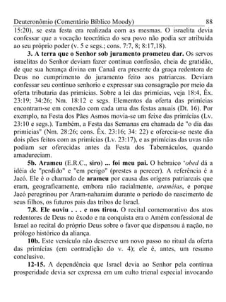 Deuteronômio (Comentário Bíblico Moody)                                 88
15:20), se esta festa era realizada com as mesmas. O israelita devia
confessar que a vocação teocrática do seu povo não podia ser atribuída
ao seu próprio poder (v. 5 e segs.; cons. 7:7, 8; 8:17,18).
     3. A terra que o Senhor sob juramento prometeu dar. Os servos
israelitas do Senhor deviam fazer contínua confissão, cheia de gratidão,
de que sua herança divina em Canaã era presente da graça redentora de
Deus no cumprimento do juramento feito aos patriarcas. Deviam
confessar seu contínuo senhorio e expressar sua consagração por meio da
oferta tributaria das primícias. Sobre a lei das primícias, veja 18:4, Êx.
23:19; 34:26; Nm. 18:12 e segs. Elementos da oferta das primícias
encontram-se em conexão com cada uma das festas anuais (Dt. 16). Por
exemplo, na Festa dos Pães Asmos movia-se um feixe das primícias (Lv.
23:10 e segs.). Também, a Festa das Semanas era chamada de "o dia das
primícias" (Nm. 28:26; cons. Êx. 23:16; 34: 22) e oferecia-se neste dia
dois pães feitos com as primícias (Lv. 23:17), e as primícias das uvas não
podiam ser oferecidas antes da Festa dos Tabernáculos, quando
amadureciam.
     5b. Arameu (E.R.C., siro) ... foi meu pai. O hebraico ‘obed dá a
idéia de "perdido" e "em perigo" (prestes a perecer). A referência é a
Jacó. Ele é o chamado de arameu por causa das origens patriarcais que
eram, geograficamente, embora não racialmente, araméias, e porque
Jacó peregrinou por Aram-naharaim durante o período do nascimento de
seus filhos, os futuros pais das tribos de Israel.
     7,8. Ele ouviu . . . e nos tirou. O recital comemorativo dos atos
redentores de Deus no êxodo e na conquista era o Amém confessional de
Israel ao recital do próprio Deus sobre o favor que dispensou à nação, no
prólogo histórico da aliança.
     10b. Este versículo não descreve um novo passo no ritual da oferta
das primícias (em contradição do v. 4); ele é, antes, um resumo
conclusivo.
     12-15. A dependência que Israel devia ao Senhor pela contínua
prosperidade devia ser expressa em um culto trienal especial invocando
 