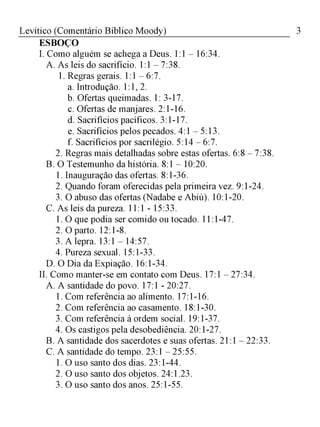 3Levítico (Comentário Bíblico Moody)
ESBOÇO
I. Como alguém se achega a Deus. 1:1 - 16:34.
A. As leis do sacrifício. 1:1 - 7:38.
1. Regras gerais. 1:1 - 6:7.
a. Introdução. 1:1, 2.
b. Ofertas queimadas. 1: 3-17.
c. Ofertas de manjares. 2:1-16.
d. Sacrifícios pacíficos. 3:1-17.
e. Sacrifícios pelos pecados. 4:1 - 5:13.
f. Sacrifícios por sacrilégio. 5:14 - 6:7.
2. Regras mais detalhadas sobre estas ofertas. 6:8 - 7:38.
B. O Testemunho da história. 8:1 - 10:20.
1. Inauguração das ofertas. 8:1-36.
2. Quando foram oferecidas pela primeira vez. 9:1-24.
3. O abuso das ofertas (Nadabe e Abiú). 10:1-20.
C. As leis da pureza. 11:1 - 15:33.
1. O que podia ser comido ou tocado. 11:1-47.
2. O parto. 12:1-8.
3. A lepra. 13:1 - 14:57.
4. Pureza sexual. 15:1-33.
D. O Dia da Expiação. 16:1-34.
II. Como manter-se em contato com Deus. 17:1- 27:34.
A. A santidade do povo. 17:1 - 20:27.
1. Com referência ao alimento. 17:1-16.
2. Com referência ao casamento. 18:1-30.
3. Com referência à ordem social. 19:1-37.
4. Os castigos pela desobediência. 20:1-27.
B. A santidade dos sacerdotes e suas ofertas.21:1 - 22:33.
C. A santidade do tempo. 23:1 - 25:55.
1. O uso santo dos dias. 23:1-44.
2. O uso santo dos objetos. 24:1.23.
3. O uso santo dos anos. 25:1-55.
 