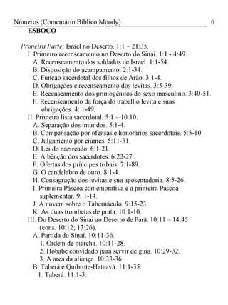 6Números (Comentário Bíblico Moody)
ESBOÇO
Primeira Parte: Israel no Deserto. 1:1 - 21:35.
I. Primeiro recenseamento no Deserto do Sinai. 1:1 - 4:49.
A. Recenseamento dos soldados de Israel. 1:1-54.
B. Disposição do acampamento. 2:1-34.
C. Função sacerdotal dos filhos de Arão. 3:1-4.
D. Obrigações e recenseamento dos levitas. 3:5-39.
E. Recenseamento dos primogênitos do sexo masculino. 3:40-51.
F. Recenseamento da força do trabalho levita e suas
obrigações. 4: 1-49.
II. Primeira lista sacerdotal. 5:1 - 10:10.
A. Separação dos imundos. 5:1-4.
B. Compensação por ofensas e honorários sacerdotais. 5:5-10.
C. Julgamento por ciúmes. 5:11-31.
D. Lei do nazireado. 6:1-21.
E. A bênção dos sacerdotes. 6:22-27.
F. Ofertas dos príncipes tribais. 7:1-89.
G. O candelabro de ouro. 8:1-4.
H. Consagração dos levitas e sua aposentadoria. 8:5-26.
I. Primeira Páscoa comemorativa e a primeira Páscoa
suplementar. 9: 1-14.
J. A nuvem sobre o Tabernáculo. 9:15-23.
K. As duas trombetas de prata. 10:1-10.
III. Do Deserto do Sinai ao Deserto de Parã. 10:11 - 14:45
(cons. 10:12; 13:26).
A. Partida do Sinai. 10:11-36.
1. Ordem de marcha. 10:11-28.
2. Hobabe convidado para servir de guia. 10:29-32.
3. A arca da aliança. 10:33-36.
B. Taberá e Quibrote-Hataavá. 11:1-35.
1. Taberá. 11:1-3.
 