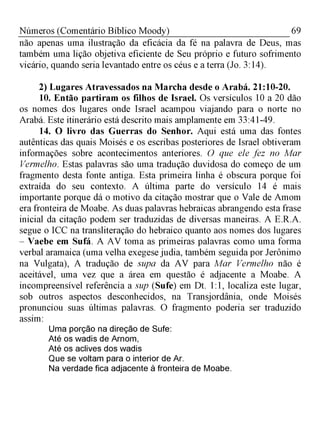 69Números (Comentário Bíblico Moody)
não apenas uma ilustração da eficácia da fé na palavra de Deus, mas
também uma lição objetiva eficiente de Seu próprio e futuro sofrimento
vicário, quando seria levantado entre os céus e a terra (Jo. 3:14).
2) Lugares Atravessados na Marcha desde o Arabá. 21:10-20.
10. Então partiram os filhos de Israel. Os versículos 10 a 20 dão
os nomes dos lugares onde Israel acampou viajando para o norte no
Arabá. Este itinerário está descrito mais amplamente em 33:41-49.
14. O livro das Guerras do Senhor. Aqui está uma das fontes
autênticas das quais Moisés e os escribas posteriores de Israel obtiveram
informações sobre acontecimentos anteriores. O que ele fez no Mar
Vermelho. Estas palavras são uma tradução duvidosa do começo de um
fragmento desta fonte antiga. Esta primeira linha é obscura porque foi
extraída do seu contexto. A última parte do versículo 14 é mais
importante porque dá o motivo da citação mostrar que o Vale de Amom
era fronteira de Moabe. As duas palavras hebraicas abrangendo esta frase
inicial da citação podem ser traduzidas de diversas maneiras. A E.R.A.
segue o ICC na transliteração do hebraico quanto aos nomes dos lugares
- Vaebe em Sufá. A AV toma as primeiras palavras como uma forma
verbal aramaica (uma velha exegese judia, também seguida por Jerônimo
na Vulgata), A tradução de supa da AV para Mar Vermelho não é
aceitável, uma vez que a área em questão é adjacente a Moabe. A
incompreensível referência a sup (Sufe) em Dt. 1:1, localiza este lugar,
sob outros aspectos desconhecidos, na Transjordânia, onde Moisés
pronunciou suas últimas palavras. O fragmento poderia ser traduzido
assim:
Uma porção na direção de Sufe:
Até os wadis de Arnom,
Até os aclives dos wadis
Que se voltam para o interior de Ar.
Na verdade fica adjacente à fronteira de Moabe.
 
