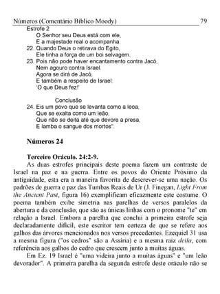 79Números (Comentário Bíblico Moody)
Estrofe 2
O Senhor seu Deus está com ele,
E a majestade real o acompanha.
22. Quando Deus o retirava do Egito,
Ele tinha a força de um boi selvagem.
23. Pois não pode haver encantamento contra Jacó,
Nem agouro contra Israel.
Agora se dirá de Jacó,
E também a respeito de Israel:
‘O que Deus fez!’
Conclusão
24. Eis um povo que se levanta como a leoa,
Que se exalta como um leão,
Que não se deita até que devore a presa,
E lamba o sangue dos mortos".
Números 24
Terceiro Oráculo. 24:2-9.
As duas estrofes principais deste poema fazem um contraste de
Israel na paz e na guerra. Entre os povos do Oriente Próximo da
antiguidade, esta era a maneira favorita de descrever-se uma nação. Os
padrões de guerra e paz das Tumbas Reais de Ur (J. Finegan, Light From
the Ancient Past, figura 16) exemplificam eficazmente este costume. O
poema também exibe simetria nas parelhas de versos paralelos da
abertura e da conclusão, que são as únicas linhas com o pronome "te" em
relação a Israel. Embora a parelha que conclui a primeira estrofe seja
declaradamente difícil, este escritor tem certeza de que se refere aos
galhos das árvores mencionados nos versos precedentes. Ezequiel 31 usa
a mesma figura ("os cedros" são a Assíria) e a mesma raiz deila, com
referência aos galhos do cedro que crescem junto a muitas águas.
Em Ez. 19 Israel é "uma videira junto a muitas águas" e "um leão
devorador". A primeira parelha da segunda estrofe deste oráculo não se
 