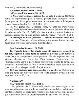 90Números (Comentário Bíblico Moody)
E. Ofertas Anuais. 28:16 - 29:40.
1) Festa dos Pães Asmos. 28:16-25.
16. No primeiro mês, aos catorze dias do mês, é a páscoa. Nenhuma
oferta foi especificada para a Páscoa, porque estas instruções foram
dadas para as ofertas pelos sacerdotes. A cerimônia do cordeiro pascal
era um negócio familiar (Êx. 12:3-14, 21,22).
17. Aos quinze dias ... haverá festa. A Festa dos Pães Asmos
(massot) devia Ser comemorada desde o dia quinze até o dia vinte e um
do primeiro mês (Êx. 12:15-17). Os dias primeiro e sétimo deviam ser
sábados, quando não se faria nenhum trabalho "servil" (Nm. 28:18, 25 ).
24. O manjar da oferta queimada . . . além do holocausto contínuo se
oferecerá isto. Além das ofertas diárias, estas outras festas especiais
deviam ser oferecidas diariamente durante a festa.
2) A Festa das Semanas. 28:26-31.
26. Quando trouxerdes oferta nova de manjares (cereais) ao
Senhor, segundo a vossa festa de semanas. Levítico 23:16 fornece a
chave para se compreender estas palavras. No dia seguinte aos sete
sábados depois da Festa dos Pães Asmos (Pentecostes, Gr.,
"qüinquagésimo dia"), o povo devia oferecer uma oferta de cereais das
primícias. Os sacrifícios da festa a serem oferecidos nessa ocasião eram
iguais aos oferecidos por ocasião dos pães asmos.
29. Uma décima, para cada um dos sete cordeiros. O décimo de
uma efa devia ser oferecido junto com cada cordeiro. (Veja a mesma
expressão nos vs. 13, 21).
Números 29
3) A Festa das Trombetas. 29:1-6.
1. No primeiro dia do sétimo mês, tereis santa convocação. A lua
nova do sétimo mês era um dia de sacrifícios acumulados, incluindo os
sacrifícios diários, os sacrifícios regulares das luas novas, mais aqueles
que marcavam o início da segunda metade do ano (cons. Lv. 23:24).
 