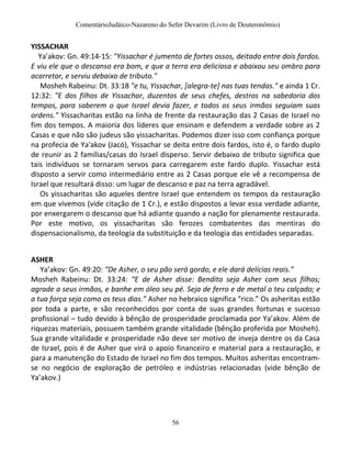 ComentárioJudáico-Nazareno do Sefer Devarim (Livro de Deuteronômio)
56
YISSACHAR
Ya'akov: Gn. 49:14-15: "Yissachar é jumento de fortes ossos, deitado entre dois fardos.
E viu ele que o descanso era bom, e que a terra era deliciosa e abaixou seu ombro para
acarretar, e serviu debaixo de tributo."
Mosheh Rabeinu: Dt. 33:18 "e tu, Yissachar, [alegra-te] nas tuas tendas." e ainda 1 Cr.
12:32: "E dos filhos de Yissachar, duzentos de seus chefes, destros na sabedoria dos
tempos, para saberem o que Israel devia fazer, e todos os seus irmãos seguiam suas
ordens." Yissacharitas estão na linha de frente da restauração das 2 Casas de Israel no
fim dos tempos. A maioria dos líderes que ensinam e defendem a verdade sobre as 2
Casas e que não são judeus são yissacharitas. Podemos dizer isso com confiança porque
na profecia de Ya'akov (Jacó), Yissachar se deita entre dois fardos, isto é, o fardo duplo
de reunir as 2 famílias/casas do Israel disperso. Servir debaixo de tributo significa que
tais indivíduos se tornaram servos para carregarem este fardo duplo. Yissachar está
disposto a servir como intermediário entre as 2 Casas porque ele vê a recompensa de
Israel que resultará disso: um lugar de descanso e paz na terra agradável.
Os yissacharitas são aqueles dentre Israel que entendem os tempos da restauração
em que vivemos (vide citação de 1 Cr.), e estão dispostos a levar essa verdade adiante,
por enxergarem o descanso que há adiante quando a nação for plenamente restaurada.
Por este motivo, os yissacharitas são ferozes combatentes das mentiras do
dispensacionalismo, da teologia da substituição e da teologia das entidades separadas.
ASHER
Ya’akov: Gn. 49:20: “De Asher, o seu pão será gordo, e ele dará delícias reais.”
Mosheh Rabeinu: Dt. 33:24: “E de Asher disse: Bendito seja Asher com seus filhos;
agrade a seus irmãos, e banhe em óleo seu pé. Seja de ferro e de metal o teu calçado; e
a tua força seja como os teus dias.” Asher no hebraico significa “rico.” Os asheritas estão
por toda a parte, e são reconhecidos por conta de suas grandes fortunas e sucesso
profissional – tudo devido à bênção de prosperidade proclamada por Ya’akov. Além de
riquezas materiais, possuem também grande vitalidade (bênção proferida por Mosheh).
Sua grande vitalidade e prosperidade não deve ser motivo de inveja dentre os da Casa
de Israel, pois é de Asher que virá o apoio financeiro e material para a restauração, e
para a manutenção do Estado de Israel no fim dos tempos. Muitos asheritas encontram-
se no negócio de exploração de petróleo e indústrias relacionadas (vide bênção de
Ya’akov.)
 