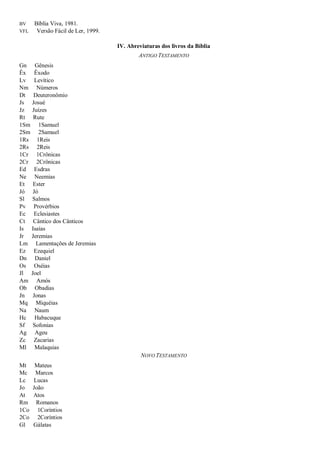 BV Bíblia Viva, 1981.
VFL Versão Fácil de Ler, 1999.
IV. Abreviaturas dos livros da Bíblia
ANTIGO TESTAMENTO
Gn Gênesis
Êx Êxodo
Lv Levítico
Nm Números
Dt Deuteronômio
Js Josué
Jz Juízes
Rt Rute
1Sm 1Samuel
2Sm 2Samuel
1Rs 1Reis
2Rs 2Reis
1Cr 1Crônicas
2Cr 2Crônicas
Ed Esdras
Ne Neemias
Et Ester
Jó Jó
Sl Salmos
Pv Provérbios
Ec Eclesiastes
Ct Cântico dos Cânticos
Is Isaías
Jr Jeremias
Lm Lamentações de Jeremias
Ez Ezequiel
Dn Daniel
Os Oséias
Jl Joel
Am Amós
Ob Obadias
Jn Jonas
Mq Miquéias
Na Naum
Hc Habacuque
Sf Sofonias
Ag Ageu
Zc Zacarias
Ml Malaquias
NOVO TESTAMENTO
Mt Mateus
Mc Marcos
Lc Lucas
Jo João
At Atos
Rm Romanos
1Co 1Coríntios
2Co 2Coríntios
Gl Gálatas
 