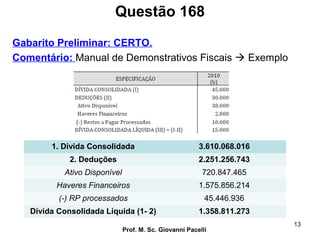 Questão 168
Prof. M. Sc. Giovanni Pacelli
13
Gabarito Preliminar: CERTO.
Comentário: Manual de Demonstrativos Fiscais  Exemplo
1. Dívida Consolidada 3.610.068.016
2. Deduções 2.251.256.743
Ativo Disponível 720.847.465
Haveres Financeiros 1.575.856.214
(-) RP processados 45.446.936
Dívida Consolidada Líquida (1- 2) 1.358.811.273
 