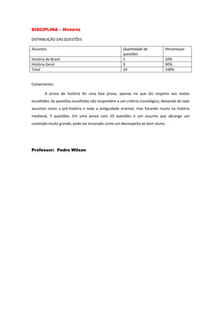 DISCIPLINA – História
DISTRIBUIÇÃO DAS QUESTÕES
Assuntos Quantidade de
questões
Percentuais
História do Brasil 1 10%
História Geral 9 90%
Total 10 100%
Comentários:
A prova de história foi uma boa prova, apenas no que diz respeito aos textos
escolhidos. As questões escolhidas não respondem a um critério cronológico, deixando de lado
assuntos como a pré-história e toda a antiguidade oriental, mas focando muito na história
medieval, 5 questões. Em uma prova com 10 questões e um assunto que abrange um
conteúdo muito grande, pode ser encarado como um desrespeito ao bom aluno.
Professor: Pedro Wilson
 