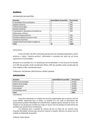 QUÍMICA 
DISTRIBUIÇÃO DAS QUESTÕES 
Assuntos 
Quantidade de questões 
Percentuais 
Propriedades Físicas da Matéria 
1 
10% 
Ligações Químicas 
2 
20% 
Tratamento de Água 
1 
10% 
Modelos Atômicos 
1 
10% 
Propriedades e Aplicações de Substâncias Moleculares e Iônicas 
1 
10% 
Cálculos Estequiométricos 
1 
10% 
Grandezas Químicas (massa e mol) 
1 
10% 
Substâncias Químicas 
1 
10% 
Ligações Químicas/Funções Inorgânicas 
1 
10% 
Total 
10 
100% 
Comentários: 
A prova do SSA 1 de 2015 contemplou grande parte do conteúdo programático, porém enfatizou o tópico “industria química”, dificultando a resolução por parte de um aluno ingressante no Ensino Médio. 
Destacam-se as questões 16, 17 e 18 pelo grau de complexidade. O nível da prova foi elevado com 30% das questões sendo consideradas difíceis, 40% das questões sendo consideradas de nível mediano e 30%, consideradas fáceis. 
Professores: José Mendes, Michel Duarte e Walter Lafayette 
SOCIOLOGIA 
Assuntos 
Quantidade de questões 
Percentuais 
Clássicos da Sociologia 
2 
33,36% 
Origem da Sociologia 
1 
16,66% 
Processo Social 
1 
16,66% 
Comunidade 
1 
16,66% 
Antropologia Social 
1 
16,66% 
Total 
6 
100% 
Comentários: 
Prova bem distribuída, em relação aos assuntos programados para a primeira série do Ensino Médio, explorando bem os textos, na questão 41 e 45, onde as alternativas não apresentavam grandes dificuldades de entendimento, exigindo apenas atenção do aluno. Em relação ao uso de gravuras acredito que exige um pouco mais de atenção nas alternativas das questões, por apresentarem semelhanças. 
Um destaque para a questão de número 46 por se tratar de um assunto novo, trazendo dificuldade inclusive para encontrar material a respeito. Merecia um pouco mais de cuidado na elaboração da questão. 
Professor: Pedro Wilson  