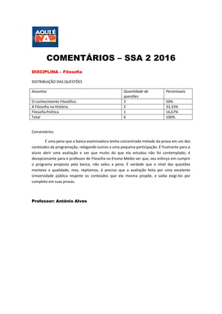 COMENTÁRIOS – SSA 2 2016
DISCIPLINA – Filosofia
DISTRIBUIÇÃO DAS QUESTÕES
Assuntos Quantidade de
questões
Percentuais
O conhecimento Filosófico 3 50%
A Filosofia na História 2 33,33%
Filosofia Política 1 16,67%
Total 6 100%
Comentários:
É uma pena que a banca examinadora tenha concentrado metade da prova em um dos
conteúdos da programação, relegando outros a uma pequena participação. É frustrante para o
aluno abrir uma avaliação e ver que muito do que ela estudou não foi contemplado; é
decepcionante para o professor de Filosofia no Ensino Médio ver que, seu esforço em cumprir
o programa proposto pela banca, não valeu a pena. É verdade que o nível das questões
manteve a qualidade, mas, repitamos, é preciso que a avaliação feita por uma excelente
Universidade pública respeite os conteúdos que ela mesma propõe, e saiba exigi-los por
completo em suas provas.
Professor: Antônio Alves
 