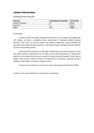 LÍNGUA PORTUGUESA 
DISTRIBUIÇÃO DAS QUESTÕES 
Assuntos 
Quantidade de questões 
Percentuais 
Língua Portuguesa 
8 
66,66 
Literatura 
4 
33,34 
Total 
12 
100% 
Comentários: 
A prova do SSA 2 de Língua Portuguesa foi coerente com o programa divulgado pela UPE. Cobrou do aluno a competência para compreender e interpretar gêneros textuais diversos, assim como, no que diz respeito aos aspectos linguísticos, trouxe questões que abordaram valor semântico dos conectivos, sinais de pontuação, emprego do acento indicador da crase e concordância verbal. 
Nos quesitos de Literatura, foi enfatizado o Romantismo, que esteve presente em três dos quatro quesitos. Aparecendo, em um deles, ao lado do Parnasianismo. O Naturalismo aparece em um quesito que tem como suporte um texto de Aluísio Azevedo. Ainda, deve-se elogiar o fato de que os textos não são mera perfumaria, ao contrário, conduzem ao aluno estudioso e bom leitor a encontrar a resposta correta. 
O nível é o que se espera de um teste para alunos da segunda série do Ensino Médio. 
Professores: Ana José, André Lima, Luciana Notaro e Jorge Alves 
 