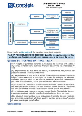 Comentários à Prova
TRE-SP - TJAA
Prof. Ricardo Torques
Prof. Ricardo Torques www.estrategiaconcursos.com.br 31 de 45
Desse modo, a alternativa E é a correta e gabarito da questão.
NÃO HÁ POSSIBILIDADE DE RECURSO! Questão tranquila, que abordou
um tema que debatemos muito em nossas aulas e no fórum do curso.
Questão 56 – FCC/TRE-SP – TJAA – 2017
Com relação às garantias eleitorais e proibições de condutas com vistas a
impedir ou comprometer o exercício do direito de sufrágio e a sinceridade do
voto,
(A) no período de 10 dias antes da eleição, os candidatos não poderão ser
presos ou detidos salvo flagrante delito.
(B) no período de 5 dias antes e até 48 horas depois do encerramento da
eleição, não é permitida a realização de prisão ou detenção de eleitores,
salvo em flagrante delito ou em virtude de sentença criminal condenatória
por crime inafiançável ou, ainda, por desrespeito a salvo-conduto.
(C) é permitido o transporte de eleitores residentes na zona rural ou urbana,
por qualquer pessoa, mesmo que haja expresso pedido de votos, desde que
não seja feita ameaça quanto ao voto para que se realize a locomoção.
(D) os moradores de zona rural, para os quais a Justiça Eleitoral não fornecer
transporte no dia da eleição, estarão desobrigados do dever de votar.
(E) o abuso de poder político sobre a liberdade de escolha do voto é coibido,
não prevendo a legislação eleitoral, porém, punição para as interferências
do poder econômico nas eleições.
Comentários
SISTEMASELEITORAIS
majoritário
simples
maior número de
votos
Senador
Prefeito (menos
de 200.000
eleitores)
absoluta
atingir mais de
metade dos votos
Presidente
Governadores
Prefeito (mais de
200.000 eleitores)
proporcional votos do partido
Deputado Federal
Deputado
Estadual
Vereador
 
