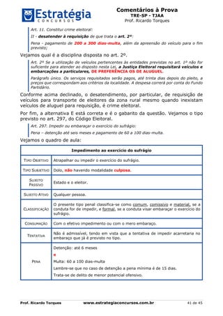 Comentários à Prova
TRE-SP - TJAA
Prof. Ricardo Torques
Prof. Ricardo Torques www.estrategiaconcursos.com.br 41 de 45
Art. 11. Constitui crime eleitoral:
II - desatender à requisição de que trata o art. 2º:
Pena - pagamento de 200 a 300 dias-multa, além da apreensão do veículo para o fim
previsto;
Vejamos qual é a disciplina disposta no art. 2º.
Art. 2º Se a utilização de veículos pertencentes às entidades previstas no art. 1º não for
suficiente para atender ao disposto nesta Lei, a Justiça Eleitoral requisitará veículos e
embarcações a particulares, DE PREFERÊNCIA OS DE ALUGUEL.
Parágrafo único. Os serviços requisitados serão pagos, até trinta dias depois do pleito, a
preços que correspondam aos critérios da localidade. A despesa correrá por conta do Fundo
Partidário.
Conforme acima declinado, o desatendimento, por particular, de requisição de
veículos para transporte de eleitores da zona rural mesmo quando inexistam
veículos de aluguel para requisição, é crime eleitoral.
Por fim, a alternativa E está correta e é o gabarito da questão. Vejamos o tipo
previsto no art. 297, do Código Eleitoral.
Art. 297. Impedir ou embaraçar o exercício do sufrágio:
Pena – detenção até seis meses e pagamento de 60 a 100 dias-multa.
Vejamos o quadro de aula:
Impedimento ao exercício do sufrágio
TIPO OBJETIVO Atrapalhar ou impedir o exercício do sufrágio.
TIPO SUBJETIVO Dolo, não havendo modalidade culposa.
SUJEITO
PASSIVO
Estado e o eleitor.
SUJEITO ATIVO Qualquer pessoa.
CLASSIFICAÇÃO
O presente tipo penal classifica-se como comum, comissivo e material, se a
conduta for de impedir, e formal, se a conduta visar embaraçar o exercício do
sufrágio.
CONSUMAÇÃO Com o efetivo impedimento ou com o mero embaraço.
TENTATIVA
Não é admissível, tendo em vista que a tentativa de impedir acarretaria no
embaraço que já é previsto no tipo.
PENA
Detenção: até 6 meses
e
Multa: 60 a 100 dias-multa
Lembre-se que no caso de detenção a pena mínima é de 15 dias.
Trata-se de delito de menor potencial ofensivo.
 