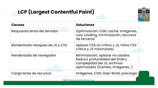 LCP (Largest Contentful Paint)
Causas Soluciones
Respuesta lenta del servidor Optimización, CDN, caché, imágenes,
Lazy Loading, minimización, recursos
de terceros
Renderizado-bloqueo de JS y CSS Aplazar CSS no crítico y JS, Inline CSS
crítico y JS minimizado,
Renderizado de navegador Minimización, aplazar no usados.
Reducir profundidad del DOM y
complejidad del JS, archivos
optimizados (fuentes, imágenes...)
Carga lenta de recursos Imágenes, CDN, Gzip-Brotli, precarga
Fuente: https://web.dev/optimize-lcp/
 