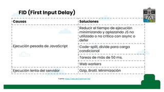 FID (First Input Delay)
Fuente: https://web.dev/optimize-fid/
Causas Soluciones
Ejecución pesada de JavaScript
Reducir el tiempo de ejecución
minimizando y aplazando JS no
utilizado o no crítico con async o
defer
Code-split, divide para carga
condicional
Tareas de más de 50 ms.
Web workers
Ejecución lenta del servidor Gzip, Brotli. Minimización
 