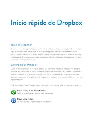 Inicio rápido de Dropbox
¿Qué es Dropbox?
Dropbox es un servicio gratuito que te permite llevar tus fotos, tus documentos y tus videos a cualquier
lugar. Cualquier archivo que guardes en tu Dropbox se guardará automáticamente en todos tus
equipos, teléfonos e incluso en el sitio web de Dropbox. Esto significa que puedes comenzar a trabajar
en tu equipo en la escuela o en la oficina, y terminar en el equipo de tu casa. ¡Nunca vuelvas a enviarte
un archivo por correo electrónico!

La carpeta de Dropbox
Luego de instalar Dropbox en tu equipo, se crea una carpeta de Dropbox. Si estás leyendo esta guía,
entonces eso significa que no tuviste problemas para encontrar tu carpeta de Dropbox :). Esta carpeta
es igual a cualquier otra carpeta de tu equipo, pero con un toque innovador. Cualquier archivo que
guardes en tu carpeta de Dropbox también se guarda en todos tus otros equipos, teléfonos y en el sitio
web de Dropbox.
En la parte superior de tu Dropbox hay un ícono verde que te permite saber el estado de tu Dropbox:
	

Círculo verde y marca de verificación:

	

Todos los archivos en tu Dropbox están actualizados.

	

Círculo azul y flechas:

	

Los archivos en tu Dropbox se están actualizando.

 