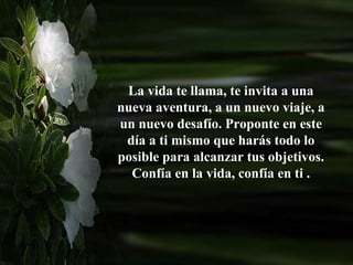 La vida te llama, te invita a una
nueva aventura, a un nuevo viaje, a
un nuevo desafío. Proponte en este
 día a ti mismo que harás todo lo
posible para alcanzar tus objetivos.
  Confía en la vida, confía en ti .
 