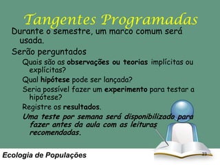 Tangentes Programadas

Durante o semestre, um marco comum será
usada.
Serão perguntados

Quais são as observações ou teorias implícitas ou
explícitas?
Qual hipótese pode ser lançada?
Seria possível fazer um experimento para testar a
hipótese?
Registre os resultados.

Uma teste por semana será disponibilizado para
fazer antes da aula com as leituras
recomendadas.
Ecologia de Populações

23

 