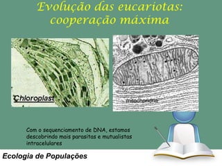 Evolução das eucariotas:
cooperação máxima

mitochondria

Com o sequenciamento de DNA, estamos
descobrindo mais parasitas e mutualistas
intracelulares

Ecologia de Populações

 