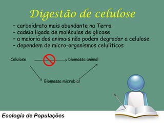 Digestão de celulose
– carboidrato mais abundante na Terra
– cadeia ligada de moléculas de glicose
– a maioria dos animais não podem degradar a celulose
– dependem de micro-organismos celuliticos
Celulose

biomassa animal

Biomassa microbial

Ecologia de Populações

 