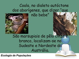 Coala, no dialeto autóctone
dos aborígenes, que dizer “que
não bebe”

São marsupiais de pêlo cinza e
branco, localizam-se no
Sudeste e Nordeste da
Austrália.
Ecologia de Populações

 