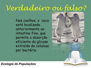 Verdadeiro ou falso?
Nos coelhos, o ceco
está localizado
anteriormente ao
intestino fino, que
permite a absorção
eficiente da glicose
extraída da celulose
por bactéria

Ecologia de Populações

 