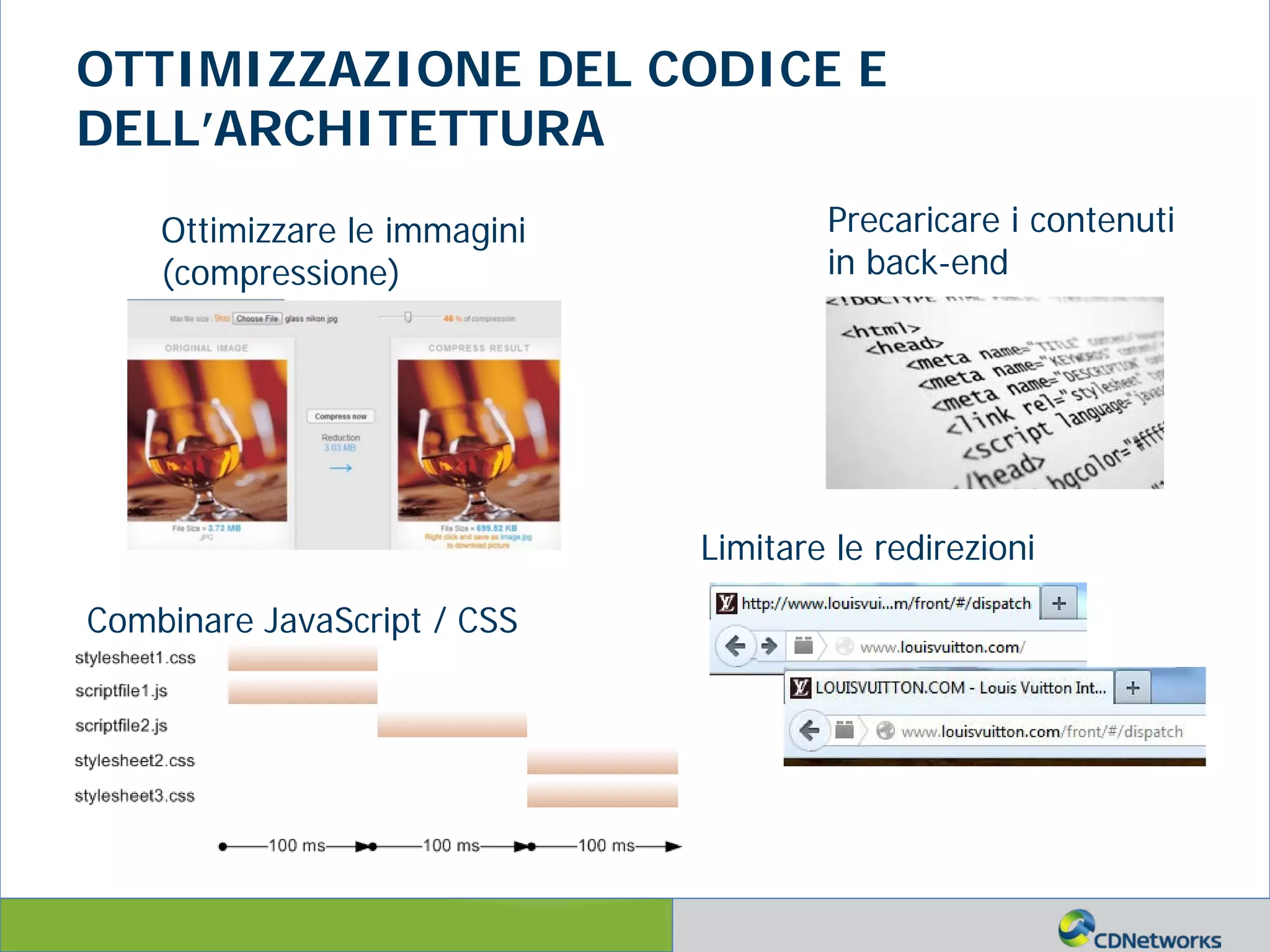 a
OTTIMIZZAZIONE DEL CODICE E
DELL’ARCHITETTURA
Limitare le redirezioni
Ottimizzare le immagini
(compressione)
Combinare JavaScript / CSS
Precaricare i contenuti
in back-end
 