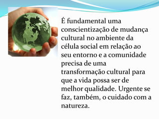 É fundamental uma conscientização de mudança cultural no ambiente da célula social em relação ao seu entorno e a comunidade precisa de uma transformação cultural para que a vida possa ser de melhor qualidade. Urgente se faz, também, o cuidado com a natureza.