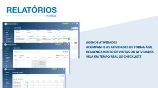 PORTAL
RELATÓRIOS
AGENDE ATIVIDADES
ACOMPANHE AS ATIVIDADES DE FORMA ÁGIL
REAGENDAMENTO DE VISITAS OU ATIVIDADES
VEJA EM TEMPO REAL OS CHECKLISTS
 