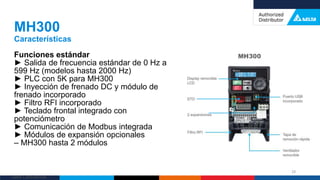 Delta Confidential
Funciones estándar
► Salida de frecuencia estándar de 0 Hz a
599 Hz (modelos hasta 2000 Hz)
► PLC con 5K para MH300
► Inyección de frenado DC y módulo de
frenado incorporado
► Filtro RFI incorporado
► Teclado frontal integrado con
potenciómetro
► Comunicación de Modbus integrada
► Módulos de expansión opcionales
– MH300 hasta 2 módulos
MH300
Características
29
 