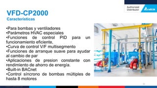 Delta Confidential
•Para bombas y ventiladores
•Parámetros HVAC especiales
•Funciones de control PID para un
funcionamiento eficiente,
•Curva de control V/F multisegmento
•Funciones de arranque suave para ayudar
al cambio de par
•Aplicaciones de presion constante con
rendimiento de ahorro de energía.
•Built-in BACnet
•Control síncrono de bombas múltiples de
hasta 8 motores
VFD-CP2000
Características
45
 