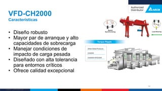 Delta Confidential
• Diseño robusto
• Mayor par de arranque y alto
capacidades de sobrecarga
• Manejar condiciones de
impacto de carga pesada
• Diseñado con alta tolerancia
para entornos críticos
• Ofrece calidad excepcional
VFD-CH2000
Características
50
 