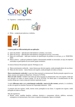 b) Figurativa – composta por símbolos.




c) Mista – composta por palavras e símbolos.




A marca pode ser diferenciada pela sua aplicação:

a) marca de produto – aplicada para individualizar o produto, é seu nome.
b) Marca de serviço – aplicada para individualizar a prestação de serviço, é seu nome.
c) Marca de certificação – dada para institutos de qualificação de produtos ou serviços, p. ex. INMETRO,
   ISSO.
d) Marca coletiva – usada por produtores ligados à determinada entidade ou associação, ou seja, de empresas
   associadas ou participantes de um mesmo grupo econômico.

As marcas famosas têm proteção especial. Distingue-se em:

a) Marca notoriamente conhecida – marca famosa que não tem registro, sendo protegida dentro de sua classe.
b) Marca de alto renome – marca famosa com registro, sendo protegido em todas as classes.

Marca notoriamente conhecida é a que tem fama nacional ou internacional. Recebe proteção especial na sua
classe, mesmo sem registro no Brasil (art. 126 da Lei 9.279/96).
Marca de alto renome é também uma marca de fama nacional ou internacional, mas com registro, tendo por
isso proteção em todas as classes. (artigo 125 da lei 9279/96). No Brasil para o reconhecimento do alto
renome obriga que a marca esteja previamente registrada no país.

A maior diferença entre marca notoriamente conhecida e marca de alto renome, portanto, é a existência,
ou não, de registro no Instituto Nacional de Propriedade Industrial – INPI.

A primeira não tem registro, sendo, mesmo assim, protegida na sua classe. A segunda tem registro, sendo
protegida em todas as classes.

Não são registráveis:
a) Brasão, armas, medalha bandeira, emblema, distintivo e monumento oficiais, públicos, nacionais,
   estrangeiros ou internacionais, bem como a respectiva designação, figura ou imitação;
 