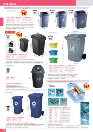 74
Mobiliario
Papelera contenedor de
plástico con tapa
Con tapa balancín y cabecera
redonda. Fácil apertura para retirar la
bolsa. Color gris. Capacidad: 80 litros.
CÓD. REF.
36133 KF04237
450mm
760mm
CÓD. REF. COLOR USO
72482 KF16543 AMARILLO PLÁSTICO Y ENVASES
72483 KF16544 AZUL PAPEL Y CARTÓN
72484 KF16545 GRIS RESIDUO ORGÁNICO
72481 KF16542 VERDE VIDRIO
Papelera contenedor de plástico con tapa
Fabricada en plástico resistente. Con diferentes
colores para facilitar el reciclaje. Capacidad 100 litros.
Medidas: 750 x 370 x 470 mm.
470 mm
370 mm
750mm
Papelera contenedor de plástico con tapa
Contenedor de gran capacidad con apertura mediante tapa superior.
Posee 2 ruedas que hacen muy fácil su transporte. Fabricado en
poliestireno de alta densidad. Color azul.
100 litros
800mm
510 mm
525
m
m
CÓD. REF. CAPACIDAD
36130 KF04240 100 L
36132 KF04242 240 L
240 litros
1015mm
575
mm
730
m
m
Contenedores con tapadera
Papelera contenedor de plástico con tapa
La tapa tiene dos formas diferentes de abrirse: hacia arriba, o
basculante. Fabricada en plástico. Color negra con detalle en gris.
CÓD. CAPACIDAD MEDIDAS
76274 25 L 333 x 252 x 476 mm
76275 50 L 401 x 298 x 602 mm
25 litros
476mm
333 mm 252 mm
602mm
401 mm
730
m
m
50 litros
Cajas de almacenaje
Cajas de plástico transparente con tapa y dos asas azules.
Ideales para mantener materiales pequeños ordenados y organizados.
CÓD. CAPACIDAD MEDIDAS
75156 0,14 l* 65 x 280 x 224 mm
75231 0,30 l 120 x 85 x 65 mm
75152 0,55 l 220 x 100 x 40 mm
75151 0,70 l 155 x 100 x 80 mm
75232 0,90 l 220 x 100 x 40 mm
75153 4 l 395 x 255 x 88 mm
75154 9 l 395 x 255 x 155 mm
75155 18 l 480 x 390 x 200 mm
*16 COMPARTIMENTOS INTERIORES
Contenedores de almacenaje
CÓD. REF. CAPACIDAD MEDIDAS
75175 KF16748 20 L 340 x 240 x 450 mm
75174 KF16747 40 L 410 x 280 x 610 mm
75173 KF16746 58 L 470 x 330 x 760 mm
450mm
240
m
m
340 mm
610mm
280
m
m
410 mm
760mm
330
m
m
470 mm
Papelera contenedor de plástico con tapa
Con tapa balancín. Fácil apertura para retirar la
bolsa. 2 asas para facilitar el transporte. Fabricada
en plástico resistente. Color azul.
 