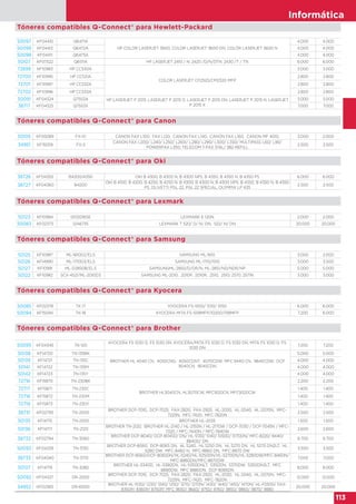 Informática
113
50105 KF05089 FX-10 CANON FAX L100, FAX L120, CANON FAX L140, CANON FAX L160, CANON MF 4010, 3.000 2.000
34951 KF15059 FX-3
CANON FAX L200/ L240/ L250/ L260I/ L280/ L290/ L300/ L350/ MULTIPASS L60/ L90/
POWERFAX L350; TELECOM T-FAX 374L/ 382 REFILL
2.500 2.500
Tóneres compatibles Q-Connect® para Canon
38726 KF04355 B4300/4350 OKI B 4300, B 4300 N, B 4300 NPS, B 4350, B 4350 N, B 4350 PS 6.000 6.000
38727 KF04360 B4200
OKI B 4100, B 4200, B 4250, B 4250 N, B 4300, B 4300 N, B 4300 NPS, B 4350, B 4350 N, B 4350
PS, OLIVETTI PGL 22, PGL 22 SPECIAL, OLYMPIA LP 435
2.500 2.500
Tóneres compatibles Q-Connect® para Oki
50123 KF10984 0012016SE LEXMARK E 120N 2.000 2.000
50083 KF02373 12A6735 LEXMARK T 520/ D/ N/ DN, 522/ N/ DN 20.000 20.000
Tóneres compatibles Q-Connect® para Lexmark
50125 KF10987 ML-1610D2/ELS SAMSUNG ML-1610 3.000 2.000
50126 KF14990 ML-1710D3/ELS SAMSUNG ML-1710/1510 3.000 3.500
50127 KF10991 ML-D2850B/ELS SAMSUNGML-2850/D/DR/N, ML-2851/ND/NDR/NP 5.000 5.000
50122 KF10982 SCX-4521/ML-2010D3 SAMSUNG ML-2010, 2010P, 2010R, 2510, 2510, 2570, 2571N 3.000 3.000
Tóneres compatibles Q-Connect® para Samsung
50085 KF02378 TK 17 KYOCERA FS-1000/ 1010/ 1050 6.000 6.000
50094 KF15094 TK-18 KYOCERA MITA FS-1018MFP/1020D/1118MFP 7.200 6.000
Tóneres compatibles Q-Connect® para Kyocera
Tóneres compatibles Q-Connect® para Brother
50095 KF04345 TK-120
KYOCERA FS 1030 D, FS 1030 DN, KYOCERA/MITA FS 1030 D, FS 1030 DN, MITA FS 1030 D, FS
1030 DN
7.200 7.200
50138 KF14720 TN-135BK
BROTHER HL 4040 CN, 4050CND, 4050CDNT, 4070CDW; MFC 9440 CN, 9840CDW, DCP
9040CN, 9045CDN
5.000 5.000
50139 KF14721 TN-135C 4.000 4.000
50141 KF14722 TN-135M 4.000 4.000
50142 KF14723 TN-135Y 4.000 4.000
72716 KF15870 TN-230BK
BROTHER HL3040CN, HL3070CW, MFC9120CN, MFC9320CW
2.200 2.200
72717 KF15871 TN-230C 1.400 1.400
72718 KF15872 TN-230M 1.400 1.400
72719 KF15873 TN-230Y 1.400 1.400
38731 KF02793 TN-2000
BROTHER DCP-7010, DCP-7025, FAX-2820, FAX-2920, HL-2030, HL-2040, HL-2070N, MFC-
7225N, MFC-7420, MFC-7820N
2.500 2.500
50135 KF14715 TN-2005 BROTHER HL-2035 1.500 1.500
50136 KF14717 TN-2120
BROTHER TN-2120, BROTHER HL-2140 / HL-2150N / HL-2170W / DCP-7030 / DCP-7045N / MFC-
7320 / MFC-7440N / MFC-7840W
2.600 2.600
38732 KF02794 TN-3060
BROTHER DCP-8040/ DCP-8045D/ DN/ HL-5130/ 5140/ 5150D/ 5170DN/ MFC-8220/ 8440/
8840D/ DN
6.700 6.700
50093 KF04339 TN-3130
BROTHER DCP-8060, DCP-8065 DN, HL 5240, HL 5250 DN, HL 5270 DN, HL 5270 DN2LT, HL
5280 DW, MFC-8460 N, MFC-8860 DN, MFC-8870 DW
3.500 3.500
38733 KF04340 TN-3170
BROTHER DCP-8060/DCP-8065DN/HL-5240/HL-5250DN/HL-5270DN/HL-5280DW/MFC-8460N/
MFC-8860DN/MFC-8870DW
7.000 7.000
50137 KF14719 TN-3280
BROTHER HL-5340D, HL-5380DN, HL-5350DNLT, 5350DN, 5370DW, 5350DN2LT, MFC
8890DW, MFC 8880DN, DCP 8085DN
8.000 8.000
50092 KF04337 DR-2000
BROTHER DCP-7010, DCP-7025, FAX-2820, FAX-2920, HL-2030, HL-2040, HL-2070N, MFC-
7225N, MFC-7420, MFC-7820N
12.000 12.000
34952 KF02365 DR-6000
BROTHER HL-1030/ 1230/ 1240/ 1250/ 1270/ 1270N/ 1430/ 1440/ 1450/ 1470N/ HL-P2500/ FAX-
8350P/ 8360P/ 8750P/ MFC 9650/ 9660/ 9750/ 9760/ 9850/ 9860/ 9870/ 9880
20.000 20.000
Tóneres compatibles Q-Connect® para Hewlett-Packard
50097 KF04410 Q6471A
HP COLOR LASERJET 3600, COLOR LASERJET 3600 DN, COLOR LASERJET 3600 N
4.000 4.000
50099 KF04412 Q6472A 4.000 4.000
50098 KF04411 Q6473A 4.000 4.000
50107 KF07522 Q6511A HP LASERJET 2410 / N; 2420 /D/N/DTN; 2430 /T / TN 6.000 6.000
72699 KF10983 HP CC530A
COLOR LASERJET CP2520/CM2320 MFP
3.000 3.000
72700 KF10995 HP CC531A 2.800 2.800
72701 KF10997 HP CC532A 2.800 2.800
72702 KF10996 HP CC533A 2.800 2.800
50091 KF04324 Q7553A HP LASERJET P 2015, LASERJET P 2015 D, LASERJET P 2015 DN, LASERJET P 2015 N, LASERJET
P 2015 X
3.000 3.000
38717 KF04325 Q7553X 7.000 7.000
 