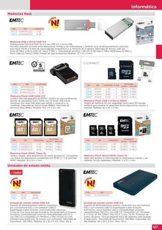 Informática
127
Memoria Flash USB S200 2.0
La llave USB más pequeña de EMTEC «S200», es una combinación
óptima de una tarjeta micro SDHC con un lector USB 2.0 en
miniatura. Una llave USB ideal para utilizar y conectar a su
notebook. Velocidad de lectura hasta 18MB/s. Velocidad de
escritura hasta 8MB/s. Medidas: 19,3 x 17 x 5,2 mm.
CÓD. REF. CAPACIDAD
57583 EKMMD8GS200 8 GB
57584 EKMMD16GS200 16 GB
57585 EKMMD32GS200 32 GB
Memoria Flash SDHC Clase 10
Tarjetas ideales para dispositivos de nueva generación. Compatible
con todos los dispositivos compatibles con SDHC y / o el estándar
SDXC. Medidas: 32 x 24 x 2 mm.
Memoria Flash Micro SDHC Clase 10
Ideal para ampliar la capacidad de los dispositivos móviles y las
tabletas. Incluye adaptador. Medidas: 11 x 15 x 1 mm.
CÓD. REF. CAPACIDAD
VELOCIDAD
LECTURA ESCRITURA
72658 ECMSD4GHC10 4 GB 30 MB/S 11 MB/S
72659 ECMSD8GHC10 8 GB 30 MB/S 11 MB/S
72660 ECMSD16GHC10 16 GB 45 MB/S 14 MB/S
CÓD. REF. CAPACIDAD
VELOCIDAD
LECTURA ESCRITURA
72661 ECMSDM4GHC10 4 GB 30 MB/S 11 MB/S
72662 ECMSDM8GHC10 8 GB 30 MB/S 11 MB/S
72663 ECMSDM16GHC4 16 GB 45 MB/S 14 MB/S
CÓD. REF. CAPACIDAD CLASE
VELOCIDAD
LECTURA ESCRITURA
72647 KF16010 4 GB 4 32M B/S - 4 MB/S
72648 KF16011 8 GB 4 32 MB/S - 4 MB/S
72649 KF16012 16 GB 6 48 MB/S - 6 MB/S
72650 KF16013 32 GB 6 48 MB/S - 6 MB/S
Memoria Flash USB 2.0 Micro SDHC
Tarjeta de memoria SD con adaptador micro para SD incluido.
Perfecta para ampliar la capacidad de los dispositivos móviles y
tabletas. Medidas: 32 x 24 x 2 mm.
Unidades de estado sólido
Unidad de estado sólido USB 3.0
Soporte de almacenamiento externo compuesto
por una memoria SSD y con conexión USB3.0
SuperSpeed (cable incluido). Funcionamiento silencioso.
Consume muy poca energía durante su funcionamiento y ninguna
en reposo. Compatibilidad universal: compatibilidad USB 3.0 y
con USB 2.0. Compatible con Windows y Mac. Incluye un Lock
Software para protección de acceso con contraseña. Velocidad de
transmisión: 260 MB/s. Medidas: 52 x 92 x 9 mm. Peso: 100 g.
Memoria USB y micro USB 3.0
Multifuncional memoria flash: es a la vez USB 3.0 y micro-USB.
Permite compartir archivos entre dispositivos móviles y los ordenadores, y también sirve de almacenamiento adicional
para hacer frente a la falta de capacidad del Smartphone y la memoria de la tableta. Velocidad de lectura: USB 3.0:
hasta 80 MB/s y Micro-USB 2.0: hasta 15 MB/ s. Velocidad de escritura: USB 3.0: 8 GB hasta 5 MB/s, 16GB hasta 10 MB/s y
Micro-USB 2.0: hasta 5 MB/s. Incluye útil tapa protectora. Medidas: 37 x 12 x 5 mm.
Unidad de estado sólido USB 3.0
Soporte de almacenamiento externo compuesto por una memoria
SSD y con conexión USB 3.0 SuperSpeed (cable incluido).
Iluminación Led al transferir datos. Compatibilidad universal:
compatibilidad USB 3.0 y con USB 2.0. Compatible con: Windows
8, 7, Vista, XP, Me, 2000 / Mac OS X / Linux 2.6.31x. Protector de
puerto de goma. Incluye elegante bolsa de neopreno para guardar
el dispositivo. Velocidad de transmisión: 220 MB/s. Capacidad: 512
GB. Medidas: 94 x 54 x 12 mm. Peso: 50 g.
CÓD. REF. CAPACIDAD
75952 I30759 128GB
75951 I30761 256GB
CÓD. REF. CAPACIDAD
74033 ECMMD8GS220 8 GB
74034 ECMMD16GS220 16 GB
CÓD. REF.
75983 ECSSD512GX500
Soporte de almacenamiento externo compuesto
SuperSpeed (cable incluido). Funcionamiento silencioso.
Consume muy poca energía durante su funcionamiento y ninguna
Memorias flash
 
