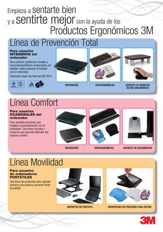 Línea de Prevención Total
Línea Comfort
Línea Movilidad
Para usuarios
INTENSIVOS del
ordenador
Para prevenir problemas visuales y
musculoesqueléticos ocasionados por
adoptar malas posturas al trabajar
con el ordenador.
Fabricada según las Normas ISO 9241.
REPOSAMUÑECAS
SOPORTES DE PORTÁTIL
SOPORTE DE DOCUMENTOS
SUPERFICIES DE PRECISÓN PARA RATÓN
Para usuarios
OCASIONALES del
ordenador
Para aquellas personas que
trabajan ocasionalmente con el
ordenador. Una línea cómoda y
moderna que permite disfrutar del
máximo confort.
Para usuarios
de ordenadores
PORTÁTILES
Una línea de productos para adoptar
siempre una postura correcta frente
al portátil.
Empieza a sentarte bien
y a sentirte mejorcon la ayuda de los
Productos Ergonómicos 3M
REPOSAPIÉS
REPOSAPIÉS
REPOSAMUÑECAS SOPORTE DE MONITOR
RATÓN ERGONÓMICO
AnuncioERGO_2013.indd 2 27/06/13 13:50
 