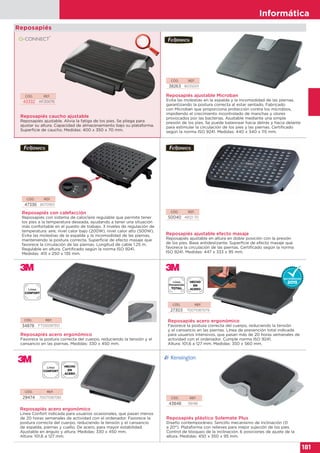 Informática
181
Informática
181
Reposapiés caucho ajustable
Reposapiés ajustable. Alivia la fatiga de los pies. Se pliega para
ajustar su altura. Capacidad de almacenamiento bajo su plataforma.
Superficie de caucho. Medidas: 400 x 350 x 70 mm.
CÓD. REF.
43332 KF20076
Reposapiés
CÓD. REF.
38263 8035001
Reposapiés ajustable Microban
Evita las molestias en la espalda y la incomodidad de las piernas,
garantizando la postura correcta al estar sentado. Fabricado
con Microban que proporciona protección contra los microbios,
impidiendo el crecimiento incontrolado de manchas y olores
provocados por las bacterias. Ajustable mediante una simple
presión de los pies. Se puede balancear hacia detrás y hacia delante
para estimular la circulación de los pies y las piernas. Certificado
según la norma ISO 9241. Medidas: 440 x 340 x 115 mm.
CÓD. REF.
47336 8070901
Reposapiés con calefacción
Reposapiés con sistema de calor/aire regulable que permite tener
los pies a la temperatura deseada, ayudando a tener una situación
más confortable en el puesto de trabajo. 3 niveles de regulación de
temperatura: aire, nivel calor bajo (200W), nivel calor alto (500W).
Evita las molestias de la espalda y la incomodidad de las piernas,
manteniendo la postura correcta. Superficie de efecto masaje que
favorece la circulación de las piernas. Longitud de cable 1.25 m.
Regulable en altura. Certificado según la norma ISO 9241.
Medidas: 415 x 250 x 135 mm.
CÓD. REF.
50040 48121-70
Reposapiés ajustable efecto masaje
Reposapiés ajustable en altura en doble posición con la presión
de los pies. Base antideslizante. Superficie de efecto masaje que
favorece la circulación de las piernas. Certificado según la norma
ISO 9241. Medidas: 447 x 333 x 95 mm.
CÓD. REF.
34878 FT510097551
Reposapiés acero ergonómico
Favorece la postura correcta del cuerpo, reduciendo la tensión
y el cansancio en las piernas. Línea de prevención total indicada
para usuarios intensivos, que pasan más de 20 horas semanales de
actividad con el ordenador. Cumple norma ISO 9241.
Altura: 101,6 a 127 mm. Medidas: 350 x 560 mm.
Reposapiés acero ergonómico
Favorece la postura correcta del cuerpo, reduciendo la tensión y el
cansancio en las piernas. Medidas: 330 x 450 mm.
CÓD. REF.
27303 70071087079
CÓD. REF.
43848 56146
CÓD. REF.
29474 70071087061
Reposapiés acero ergonómico
Línea Confort indicada para usuarios ocasionales, que pasan menos
de 20 horas semanales de actividad con el ordenador. Favorece la
postura correcta del cuerpo, reduciendo la tensión y el cansancio
de espalda, piernas y cuello. De acero, para mayor estabilidad.
Ajustable en ángulo y altura. Medidas: 330 x 450 mm.
Altura: 101,6 a 127 mm.
Reposapiés plástico Solemate Plus
Diseño contemporáneo. Sencillo mecanismo de inclinación (0
a 20°). Plataforma con relieves para mejor sujeción de los pies.
Control de bloqueo de la inclinación. 6 posiciones de ajuste de la
altura. Medidas: 450 x 350 x 95 mm.
 