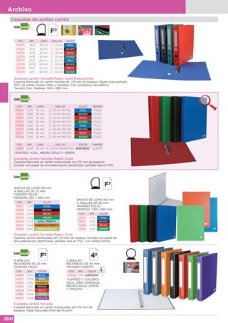 200
Archivo
Carpeta cartón forrado Paper Coat Documenta
Carpeta fabricada en cartón forrado de 1,75 mm de espesor, Paper Coat gofrado
PVC, de anillas mixtas. Ollao y tarjetero. Con compresor de plástico.
Tamaño folio. Medidas: 345 x 280 mm.
Carpeta fabricada en cartón forrado de 1,75 mm de espesor, Paper Coat gofrado
CÓD. REF. LOMO ANILLAS COLOR
25073 AY13 40 mm 2 / 25 mm AZUL
25072 AY14 40 mm 2 / 25 mm NEGRO
25075 AY15 40 mm 2 / 25 mm ROJO
25074 AY16 40 mm 2 / 25 mm VERDE
25077 AY12 60 mm 2 / 40 mm AZUL
25076 AY09 60 mm 2 / 40 mm NEGRO
25079 AY10 60 mm 2 / 40 mm ROJO
25078 AY11 60 mm 2 / 40 mm VERDE
Carpeta cartón forrado Paper Coat
Carpeta fabricada en cartón entrecolado de 1,75 mm de espesor,
forrado con papel de encuadernación plastificado gofrado tela en PVC.
CÓD. REF. LOMO ANILLAS COLOR TAMAÑO
25304 CA15 40 mm 2 / 25 mm MIXTAS AZUL FOLIO
25301 CA16 40 mm 2 / 25 mm MIXTAS NEGRO FOLIO
25303 CA17 40 mm 2 / 25 mm MIXTAS ROJO FOLIO
25302 CA18 40 mm 2 / 25 mm MIXTAS VERDE FOLIO
25308 CH07 60 mm 2 / 40 mm MIXTAS AZUL FOLIO
25305 CH08 60 mm 2 / 40 mm MIXTAS NEGRO FOLIO
25307 CH09 60 mm 2 / 40 mm MIXTAS ROJO FOLIO
25306 CH10 60 mm 2 / 40 mm MIXTAS VERDE FOLIO
CÓD. REF. LOMO ANILLAS COLOR TAMAÑO
53885 CA45 40 mm 4 / 25 mm REDONDAS SURTIDOS* CUARTO
*SURTIDO: AZUL, NEGRO, ROJO Y VERDE.
Carpeta cartón forrado
Carpeta fabricada en cartón entrecolado de 1.75 mm de
espesor. Papel estucado brillo de 115 g/m2
.
4 ANILLAS
REDONDAS DE 25 mm.
TAMAÑO FOLIO.
CÓD. REF. COLOR
54426 CA55 AZUL
54427 CA56 GRIS
54423 CA52 NARANJA
54422 CA51 NEGRO
54424 CA53 ROJO
53886 CA46 VERDE
54425 CA54 VIOLETA
2 ANILLAS
REDONDAS DE 40 mm.
TAMAÑO CUARTO.
CÓD. REF. COLOR
54539 CH19 SURTIDOS 7
Carpeta cartón forrado Paper Coat
Carpeta cartón entrecolado de 1,75 mm de espesor, forrado con papel de
encuadernación plastificado, gofrado tela en PVC. Con anillas mixtas.
ANCHO DE LOMO 60 mm.
4 ANILLAS DE 40 mm.
TAMAÑO FOLIO.
MEDIDAS: 332 x 260 mm.
CÓD. REF. COLOR
25565 CH11 AZUL
25562 CH12 NEGRO
25564 CH13 ROJO
25563 CH14 VERDE
*SURTIDO 7 COLORES:
AZUL, GRIS, NARANJA,
NEGRO, ROJO, VERDE
Y VIOLETA.
ANCHO DE LOMO 40 mm.
4 ANILLAS DE 25 mm.
TAMAÑO FOLIO.
MEDIDAS: 332 x 260 mm.
CÓD. REF. COLOR
25561 CA19 AZUL
25558 CA20 NEGRO
25560 CA21 ROJO
25559 CA22 VERDE
26424 CA23 AZUL FROSTY
26425 CA24 NARANJA FROSTY
26426 CA25 VERDE FROSTY
Carpetas de anillas cartón
 