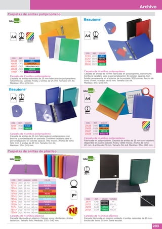 Archivo
203
Carpeta de 2 anillas polipropileno
Carpeta de anillas redondas de 25 mm fabricada en polipropileno.
1.000 micras. Colores Frosty. 2 anillas de 25 mm. Tamaño Din A4.
Medidas: 315 x 245 mm.
CÓD. REF. COLOR
49848 CA73 AZUL
49847 CA72 NARANJA
49850 CA75 TRANSPARENTE
49849 CA74 VERDE
49851 CA79 VIOLETA Carpeta de 4 anillas polipropileno
Carpeta de anillas de 15 mm fabricada en polipropileno, con broche.
Contiene tarjetero para la personalización. En colores opacos. Con
funda transparente en el interior de la portada. 500 micras. Ancho de
lomo 17 mm. 4 anillas de 15 mm. Tamaño Din A4.
Medidas: 315 x 245 mm.
CÓD. REF. COLOR
33199 33072 AZUL
33201 33075 NEGRO
33198 33070 ROJO
33200 33073 VERDE
Carpeta de 4 anillas polipropileno
Carpeta de anillas de 25 mm fabricada en polipropileno con
broche y portaetiqueta en portada. Contiene tarjetero para la
personalización. En colores opacos. 700 micras. Ancho de lomo
30,2 mm. 4 anillas de 25 mm. Tamaño Din A4.
Medidas: 315 x 245 mm.
CÓD. REF. COLOR
33195 33082 AZUL
33196 33083 VERDE
Carpeta de 4 anillas polipropileno
Fabricada en polipropileno. Carpeta de anillas de 25 mm con tarjetero
disponible en cuatro colores frosty. 1.000 micras. Ancho de lomo
40 mm. 4 anillas de 25 mm. Tamaño Din A4. Medidas: 315 x 260 mm.
CÓD. REF. COLOR
25626 CA60 AZUL
25625 CA59 NARANJA
25627 CA61 VERDE
25628 CA62 VIOLETA
Carpetas de anillas polipropileno
Carpeta de 4 anillas plástico
Carpeta fabricada en plástico soldado. 4 anillas redondas de 25 mm.
Ancho del lomo: 35 mm. Serie escolar.
Carpeta de 4 anillas plástico
Carpeta fabricada en plástico. Colores vivos y brillantes. Anillas
redondas. Tamaño folio. Medidas: 270 x 340 mm.
CÓD. REF. COLOR TAMAÑO
29711 CA31 NEGRO 4º
29723 CA27 NEGRO FOLIO
29712 CA33 VERDE 4º
29724 CA29 VERDE FOLIO
CÓD. REF. ANILLAS LOMO COLOR
73743 CA83 25 mm 35 mm CELESTE
73741 CA81 25 mm 35 mm FUCSIA
73744 CA85 25 mm 35 mm LILA
73745 CA88 25 mm 35 mm NARANJA
73740 CA80 25 mm 35 mm ROJO
73742 CA82 25 mm 35 mm VERDE PISTACHO
73748 CH23 40 mm 60 mm CELESTE
73746 CH21 40 mm 60 mm FUCSIA
73750 CH27 40 mm 60 mm LILA
73751 CH28 40 mm 60 mm NARANJA
73747 CH22 40 mm 60 mm ROJO
73749 CH25 40 mm 60 mm VERDE PISTACHO
Carpetas de anillas de plástico
 