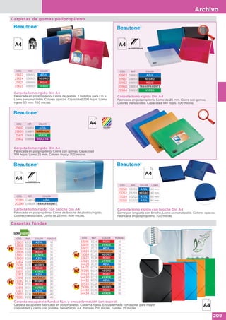Archivo
209
Carpetas de gomas polipropileno
Carpeta lomo rígido Din A4
Fabricada en polipropileno. Lomo de 25 mm. Cierre con gomas.
Colores translúcidos. Capacidad 100 hojas. 700 micras.
Carpeta lomo rígido Din A4
Fabricada en polipropileno. Cierre de gomas. 2 bolsillos para CD´s.
Lomo personalizable. Colores opacos. Capacidad 200 hojas. Lomo
rígido 50 mm. 700 micras.
CÓD. REF. COLOR
25622 036902 AZUL
25624 036905 NEGRO
25621 036900 ROJO
25623 036903 VERDE
CÓD. REF. COLOR
20963 036932 AZUL
20961 036935 NEGRO
20962 036930 ROJO
20960 036934 TRANSPARENTE
20964 036933 VERDE
Carpeta lomo rígido Din A4
Fabricada en polipropileno. Cierre con gomas. Capacidad
100 hojas. Lomo 25 mm. Colores frosty. 700 micras.
CÓD. REF. COLOR
25610 036852 AZUL
25609 036851 NARANJA
25611 036853 VERDE
25612 036856 VIOLETA
Carpetas fundas
Carpeta escaparate fundas fijas y encuadernación con espiral
Carpeta escaparate fabricada en polipropileno. Cubierta rígida. Encuadernada con espiral para mayor
comodidad y cierre con gomilla. Tamaño Din A4. Portada 750 micras. Fundas 75 micras.
CÓD. REF. COLOR FUNDAS
53818 EC14 ROJO 40
53819 EC15 VERDE 40
53821 EC17 AZUL 50
53824 EC20 NARANJA 50
75084 EC33 NEGRO 50
53822 EC18 ROJO 50
53823 EC19 VERDE 50
54428 EC21 AZUL 60
54431 EC24 NARANJA 60
75085 EC34 NEGRO 60
54429 EC22 ROJO 60
54430 EC23 VERDE 60
54432 EC25 AZUL 80
54435 EC28 NARANJA 80
75086 EC35 NEGRO 80
54433 EC26 ROJO 80
54434 EC27 VERDE 80
CÓD. REF. COLOR FUNDAS
53805 EC01 AZUL 10
53808 EC04 NARANJA 10
75080 EC29 NEGRO 10
53806 EC02 ROJO 10
53807 EC03 VERDE 10
53809 EC05 AZUL 20
53812 EC08 NARANJA 20
75081 EC30 NEGRO 20
53810 EC06 ROJO 20
53811 EC07 VERDE 20
53813 EC09 AZUL 30
53816 EC12 NARANJA 30
75082 EC31 NEGRO 30
53814 EC10 ROJO 30
53815 EC11 VERDE 30
53817 EC13 AZUL 40
53820 EC16 NARANJA 40
75083 EC32 NEGRO 40
Carpeta lomo rígido con broche Din A4
Cierre por lengüeta con broche. Lomo personalizable. Colores opacos.
Fabricada en polipropileno. 700 micras.
CÓD. REF. COLOR LOMO
23050 032512 AZUL 40 mm
23052 032515 NEGRO 40 mm
23054 032522 AZUL 60 mm
23058 032532 AZUL 80 mm
Carpeta lomo rígido con broche Din A4
Fabricada en polipropileno. Cierre de broche de plástico rígido.
Colores translúcidos. Lomo de 25 mm. 600 micras.
CÓD. REF. COLOR
20289 034652 AZUL
20290 034654 TRANSPARENTE
 