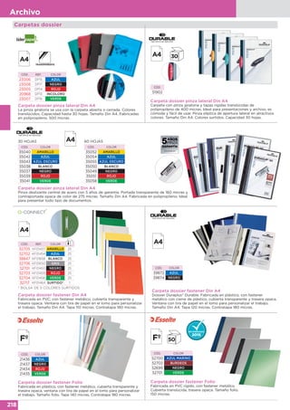 218
Archivo
Carpetas dossier
Carpeta dossier pinza lateral Din A4
Carpeta con pinza giratoria y tapas rígidas translúcidas de
polipropileno de 400 micras. Ideal para presentaciones y archivo, es
cómoda y fácil de usar. Pinza elíptica de apertura lateral en atractivos
colores. Tamaño Din A4. Colores surtidos. Capacidad 30 hojas.
CÓD.
51902
Carpeta dossier pinza lateral Din A4
La pinza giratoria se usa con la carpeta abierta o cerrada. Colores
translúcidos. Capacidad hasta 30 hojas. Tamaño Din A4. Fabricadas
en polipropileno. 500 micras.
CÓD. REF. COLOR
23006 DP15 AZUL
23008 DP17 NEGRO
23005 DP14 ROJO
20968 DP13 INCOLORO
23007 DP16 VERDE
Carpeta dossier fastener Folio
Fabricada en plástico, con fastener metálico, cubierta transparente y
trasera opaca, ventana con tira de papel en el lomo para personalizar
el trabajo. Tamaño folio. Tapa 140 micras. Contratapa 180 micras.
Carpeta dossier fastener Folio
Fabricada en PVC rígido, con fastener metálico.
Cubierta translúcida, trasera opaca. Tamaño folio.
150 micras.
CÓD. COLOR
21436 AZUL
21437 NEGRO
21434 ROJO
21435 VERDE
CÓD. COLOR
52700 AZUL MARINO
52702 BURDEOS
52699 NEGRO
52701 VERDE
Carpeta dossier fastener Din A4
Fabricada en PVC, con fastener metálico, cubierta transparente y
trasera opaca. Ventana con tira de papel en el lomo para personalizar
el trabajo. Tamaño Din A4. Tapa 110 micras. Contratapa 180 micras.
CÓD. REF. COLOR
32705 KF01457 AMARILLO 25
32702 KF01454 AZUL 25
38847 KF01658 BLANCO 25
32706 KF01650 GRIS 25
32701 KF01453 NEGRO 25
32703 KF01455 ROJO 25
32704 KF01456 VERDE 25
32717 KF01464 SURTIDO* 1
* BOLSA DE 5 COLORES SURTIDOS
Carpeta dossier fastener Din A4
Dossier Duraplus® Durable. Fabricada en plástico, con fastener
metálico con cierre de plástico, cubierta transparente y trasera opaca.
Ventana con tira de papel en el lomo para personalizar el trabajo.
Tamaño Din A4. Tapa 120 micras. Contratapa 180 micras.
CÓD. COLOR
39872 AZUL
39874 NEGRO
Carpeta dossier pinza lateral Din A4
Pinza deslizante central de acero con 5 años de garantía. Portada transparente de 160 micras y
contraportada opaca de color de 275 micras. Tamaño Din A4. Fabricada en polipropileno. Ideal
para presentar todo tipo de documentos.
60 HOJAS
CÓD. COLOR
35052 AMARILLO
35054 AZUL
35055 AZUL OSCURO
35050 BLANCO
35049 NEGRO
35051 ROJO
35058 VERDE
30 HOJAS
CÓD. COLOR
35040 AMARILLO
35042 AZUL
35043 AZUL OSCURO
35038 BLANCO
35037 NEGRO
35039 ROJO
35041 VERDE
 