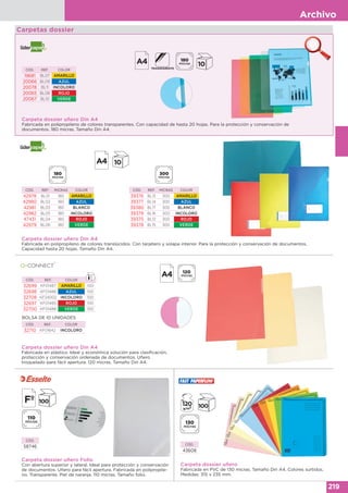 Archivo
219
Carpetas dossier
Carpeta dossier uñero
Fabricada en PVC de 130 micras. Tamaño Din A4. Colores surtidos.
Medidas: 315 x 235 mm.
CÓD.
43608
Carpeta dossier uñero Din A4
Fabricada en plástico. Ideal y económica solución para clasificación,
protección y conservación ordenada de documentos. Uñero
troquelado para fácil apertura. 120 micras. Tamaño Din A4.
CÓD. REF. COLOR
32699 KF01487 AMARILLO 100
32698 KF01486 AZUL 100
32708 KF24002 INCOLORO 100
32697 KF01485 ROJO 100
32700 KF01488 VERDE 100
BOLSA DE 10 UNIDADES
CÓD. REF. COLOR
32710 KF01642 INCOLORO
Carpeta dossier uñero Din A4
Fabricada en polipropileno de colores translúcidos. Con tarjetero y solapa interior. Para la protección y conservación de documentos.
Capacidad hasta 20 hojas. Tamaño Din A4.
CÓD. REF. MICRAS COLOR
42978 BL01 180 AMARILLO
42980 BL02 180 AZUL
42981 BL03 180 BLANCO
42982 BL05 180 INCOLORO
47431 BL04 180 ROJO
42979 BL06 180 VERDE
CÓD. REF. MICRAS COLOR
39376 BL13 300 AMARILLO
39377 BL14 300 AZUL
39380 BL17 300 BLANCO
39379 BL16 300 INCOLORO
39375 BL12 300 ROJO
39378 BL15 300 VERDE
Carpeta dossier uñero Din A4
Fabricada en polipropileno de colores transparentes. Con capacidad de hasta 20 hojas. Para la protección y conservación de
documentos. 180 micras. Tamaño Din A4.
CÓD. REF. COLOR
19681 BL07 AMARILLO
20066 BL09 AZUL
20078 BL11 INCOLORO
20065 BL08 ROJO
20067 BL10 VERDE
Carpeta dossier uñero Folio
Con abertura superior y lateral. Ideal para protección y conservación
de documentos. Uñero para fácil apertura. Fabricada en polipropile-
no. Transparente. Piel de naranja. 110 micras. Tamaño folio.
CÓD.
58746
 