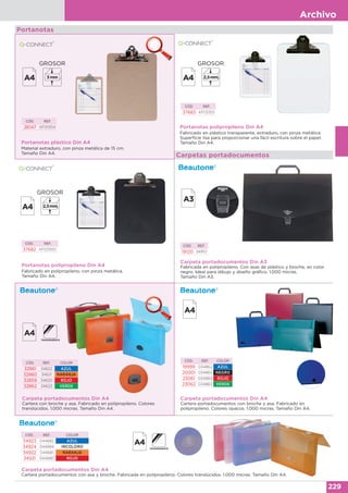 Archivo
229
Portanotas plástico Din A4
Material extraduro, con pinza metálica de 15 cm.
Tamaño Din A4.
CÓD. REF.
26147 KF01304
GROSOR
3 mm
Portanotas
Portanotas polipropileno Din A4
Fabricado en plástico transparente, extraduro, con pinza metálica.
Superficie lisa para proporcionar una fácil escritura sobre el papel.
Tamaño Din A4.
CÓD. REF.
37683 KF03301
Portanotas polipropileno Din A4
Fabricado en polipropileno, con pinza metálica.
Tamaño Din A4.
CÓD. REF.
37682 KF03300
GROSOR
2,5mm
GROSOR
2,5mm
Carpetas portadocumentos
Carpeta portadocumentos Din A3
Fabricada en polipropileno. Con asas de plástico y broche, en color
negro. Ideal para dibujo y diseño gráfico. 1.000 micras.
Tamaño Din A3.
CÓD. REF.
19120 34910
Carpeta portadocumentos Din A4
Cartera con broche y asa. Fabricado en polipropileno. Colores
translúcidos. 1.000 micras. Tamaño Din A4.
CÓD. REF. COLOR
32861 34622 AZUL
32860 34621 NARANJA
32859 34620 ROJO
32862 34623 VERDE
Carpeta portadocumentos Din A4
Cartera portadocumentos con broche y asa. Fabricado en
polipropileno. Colores opacos. 1.000 micras. Tamaño Din A4.
CÓD. REF. COLOR
19999 034862 AZUL
20001 034865 NEGRO
23061 034860 ROJO
23062 034863 VERDE
CÓD. REF. COLOR
34923 044682 AZUL
34924 044684 INCOLORO
34922 044681 NARANJA
34921 044680 ROJO
Carpeta portadocumentos Din A4
Cartera portadocumentos con asa y broche. Fabricada en polipropileno. Colores translúcidos. 1.000 micras. Tamaño Din A4.
 