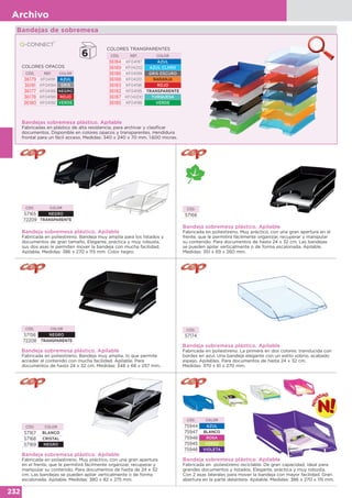 232
Archivo
CÓD.
57166
Bandeja sobremesa plástico. Apilable
Fabricada en poliestireno. Muy práctico, con una gran apertura en el
frente, que le permitirá fácilmente organizar, recuperar y manipular
su contenido. Para documentos de hasta 24 x 32 cm. Las bandejas
se pueden apilar verticalmente o de forma escalonada. Apilable.
Medidas: 351 x 69 x 260 mm.
Bandeja sobremesa plástico. Apilable
Fabricada en poliestireno. Bandeja muy amplia para los listados y
documentos de gran tamaño. Elegante, práctica y muy robusta,
sus dos asas le permiten mover la bandeja con mucha facilidad.
Apilable. Medidas: 386 x 270 x 115 mm. Color negro.
CÓD. COLOR
57165 NEGRO
72209 TRANSPARENTE
Bandejas de sobremesa
Bandejas sobremesa plástico. Apilable
Fabricadas en plástico de alta resistencia, para archivar y clasificar
documentos. Disponible en colores opacos y transparentes. Hendidura
frontal para un fácil acceso. Medidas: 340 x 240 x 70 mm. 1.600 micras.
COLORES TRANSPARENTES
CÓD. REF. COLOR
36184 KF04197 AZUL
36189 KF04202 AZUL CLARO
36186 KF04199 GRIS OSCURO
36188 KF04201 NARANJA
36183 KF04196 ROJO
36182 KF04195 TRANSPARENTE
36187 KF04200 TURQUESA
36185 KF04198 VERDE
COLORES OPACOS
CÓD. REF. COLOR
36179 KF04191 AZUL
36181 KF04194 GRIS
36177 KF04189 NEGRO
36178 KF04190 ROJO
36180 KF04192 VERDE
CÓD. COLOR
57167 BLANCO
57168 CRISTAL
57169 NEGRO
CÓD. COLOR
75944 AZUL
75947 BLANCO
75948 ROSA
75945 VERDE
75946 VIOLETA
CÓD.
57174
Bandeja sobremesa plástico. Apilable
Fabricada en poliestireno. La primera en dos colores: translucida con
bordes en azul. Una bandeja elegante con un estilo sobrio, acabado
espejo. Apilables. Para documentos de hasta 24 x 32 cm.
Medidas: 370 x 61 x 270 mm.
Bandeja sobremesa plástico. Apilable
Fabricada en poliestireno. Muy práctico, con una gran apertura
en el frente, que le permitirá fácilmente organizar, recuperar y
manipular su contenido. Para documentos de hasta de 24 x 32
cm. Las bandejas se pueden apilar verticalmente o de forma
escalonada. Apilable. Medidas: 380 x 82 x 275 mm.
Bandeja sobremesa plástico. Apilable
Fabricada en poliestireno reciclable. De gran capacidad, ideal para
grandes documentos y listados. Elegante, práctica y muy robusta.
Con 2 asas laterales para mover la bandeja con mayor facilidad. Gran
abertura en la parte delantera. Apilable. Medidas: 386 x 270 x 115 mm.
Bandeja sobremesa plástico. Apilable
Fabricada en poliestireno. Bandeja muy amplia, lo que permite
acceder al contenido con mucha facilidad. Apilable. Para
documentos de hasta 24 x 32 cm. Medidas: 348 x 66 x 257 mm..
CÓD. COLOR
57156 NEGRO
72208 TRANSPARENTE
 