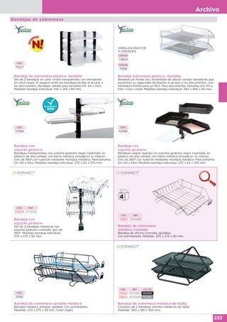 Archivo
233
Bandejas de sobremesa
CÓD.
75227
Bandeja de sobremesa plástico. Apilable
Set de 3 bandejas en color cristal transparente, con elevadores
en color negro. El espacio entre las bandejas facilita el acceso a
los documentos. Bandejas válidas para tamaños Din A4 y folio.
Medidas bandeja individual: 350 x 255 x 65 mm.
Bandeja sobremesa plástico. Apilable.
Bandeja con fondo liso. Posibilidad de utilizar varillas elevadoras que
aumentan su capacidad facilitando el acceso a los documentos. Con
hendidura frontal para un fácil. Para documentos Tamaños Din A4 y
folio. Color cristal. Medidas bandeja individual: 340 x 260 x 60 mm.
VARILLAS PACK DE
4 UNIDADES
CÓDIGO
71958
CÓDIGO
73804
Bandeja con
soporte giratorio
Bandejas negras opacas con soporte giratorio negro inyectado en
plástico de alta calidad, con barra metálica zincada en su interior.
Giro de 360º con sujeción mediante mordaza metálica. Para tamaños
Din A4 y folio. Medidas bandeja individual: 270 x 65 x 370 mm.
Bandeja con
soporte giratorio
Bandejas transparentes con soporte giratorio negro inyectado en
plástico de alta calidad, con barra metálica zincada en su interior.
Giro de 360º con sujeción mediante mordaza metálica. Para tamaños
Din A4 y folio. Medidas bandeja individual: 270 x 65 x 370 mm.
CÓD.
37994
CÓD.
43580
Bandeja de sobremesa
metálica cromada
Bandeja de oficina cromada, apilables.
Con portatarjeta. Medidas: 370 x 275 x 90 mm.
CÓD. REF.
13301 KF04283Bandeja con
soporte giratorio
Set de 3 bandejas metálicas con
soporte giratorio cromado, giro de
360º. Medidas bandeja individual:
370 x 275 x 90 mm.
CÓD. REF.
20909 KF03306
Bandeja de sobremesa metálica de rejilla
Conjunto de 2 bandejas móviles metálicas de rejilla.
Medidas: 300 x 185 x 350 mm.
Bandeja de sobremesa apilable metálica
Bandeja metálica, pintada, apilable. Con portatarjeta.
Medidas: 370 x 275 x 90 mm. Color negro.
CÓD.
25182
CÓD. REF. COLOR
29626 KF00860 NEGRO
29625 KF00844 PLATA
 