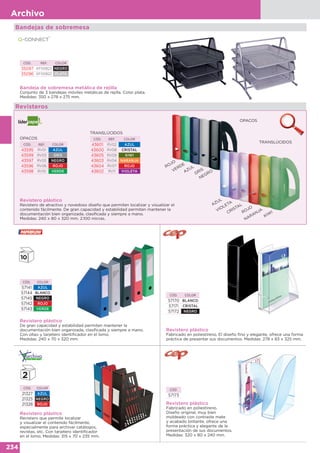 234
Archivo
Bandejas de sobremesa
Bandeja de sobremesa metálica de rejilla
Conjunto de 3 bandejas móviles metálicas de rejilla. Color plata.
Medidas: 350 x 278 x 275 mm.
CÓD. REF. COLOR
35097 KF00823 NEGRO
35096 KF00822 PLATA
Revistero plástico
Revistero de atractivo y novedoso diseño que permiten localizar y visualizar el
contenido fácilmente. De gran capacidad y estabilidad permiten mantener la
documentación bien organizada, clasificada y siempre a mano.
Medidas: 240 x 80 x 320 mm. 2.100 micras.
TRANSLÚCIDOS
CÓD. REF. COLOR
43601 RV02 AZUL
43600 RV08 CRISTAL
43605 RV09 KIWI
43603 RV04 NARANJA
43604 RV07 ROJO
43602 RV11 VIOLETA
OPACOS
CÓD. REF. COLOR
43595 RV01 AZUL
43599 RV03 GRIS
43597 RV05 NEGRO
43596 RV06 ROJO
43598 RV10 VERDE
Revisteros
CÓD. COLOR
57170 BLANCO
57171 CRISTAL
57172 NEGRO
Revistero plástico
Fabricado en poliestireno. El diseño fino y elegante, ofrece una forma
práctica de presentar sus documentos. Medidas: 278 x 83 x 325 mm.
Revistero plástico
De gran capacidad y estabilidad permiten mantener la
documentación bien organizada, clasificada y siempre a mano.
Con ollao y tarjetero identificador en el lomo.
Medidas: 240 x 70 x 320 mm.
CÓD. COLOR
57141 AZUL
57144 BLANCO
57145 NEGRO
57142 ROJO
57143 VERDE
OPACOS
NEGROGRISAZUL
VERDEROJO
NARANJA
KIW
IROJO
CRISTAL
VIOLETAAZUL
TRANSLÚCIDOS
Revistero plástico
Revistero que permite localizar
y visualizar el contenido fácilmente,
especialmente para archivar catálogos,
revistas, etc. Con tarjetero identificador
en el lomo. Medidas: 315 x 70 x 235 mm.
CÓD. COLOR
21327 AZUL
21325 NEGRO
21328 ROJO Revistero plástico
Fabricado en poliestireno.
Diseño original, muy bien
moldeado con contraste mate
y acabado brillante, ofrece una
forma práctica y elegante de la
presentación de sus documentos.
Medidas: 320 x 80 x 240 mm.
CÓD.
57173
 