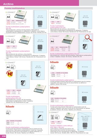 238
Archivo
Fundas multitaladros
Funda multitaladro
polipropileno Din A4
Para protección de archivos y documentos.
Fabricada en polipropileno transparente no adherente. 11 taladros.
Lomo blanco. Grosor: 80 micras. Tamaño Din A4. Presentación en caja.
CÓD. REF.
48371 KF00422
Funda multitaladro polipropileno
Din A4
Para protección y archivo de documentos. Fabricada en
polipropileno transparente no adherente. 11 taladros. Lomo blanco.
Excelente relación calidad-precio. Grosor: 50 micras. Tamaño Din A4.
CÓD. REF. PRESENTACIÓN
22315 KF24001 CAJA 100
32709 KF01630 BOLSA 10 UDS. 1
Funda multitaladro polipropileno
Din A4
Para protección de archivos y documentos.
Fabricada en polipropileno transparente no adherente. 11 taladros.
Lomo blanco. Grosor: 120 micras. Tamaño Din A4. Presentación en
caja.
CÓD. REF.
48372 KF00423
CÓD. REF. PRESENTACIÓN
52386 KF00311 BOLSA 100
32707 KF01628 CAJA 100
Funda multitaladro polipropileno Din A4
Para protección y archivo de documentos. Fabricada en polipropileno
cristal. 11 taladros. Grosor: 50 micras. Tamaño Din A4.
Din A4
50 micras
Din A4
50 micras
Din A4
120 micras
Din A4
80 micras
Din A4
50 micras
Funda multitaladro
polipropileno Din A4
Para protección y archivo de documentos.
Fabricada en polipropileno cristal. 11 taladros.
Tamaño Din A4. Presentación en caja.
Din A4
80 micras
CÓD. REF. MICRAS
73563 KF16601 80
73564 KF16602 100
Din A4
100 micras
Funda 4 taladros corte oblicuo
PVC 290 x 195 mm
Corte oblicuo, especial para planos A4.
Para protección y archivo de documentos.
Fabricada en PVC transparente no adherente. 4 taladros.
Grosor: 90 micras. Tamaño 290 x 195 mm. Presentación en caja.
CÓD. REF.
44259 KF06041
290 x 195 mm.
90 micras
ESPECIAL
PLANOS
Funda multitaladro polipropileno
Funda porta documentos fabricada en polipropileno piel de
naranja. Copysafe: evita que la tinta de los documentos se adhiera
al plástico. Grosor: 80 micras. Taladros con refuerzo.
CÓD. TAMAÑO Nº TALADROS
71834 DIN A4 11
71833 FOLIO 16
80 micras
Funda multitaladro polipropileno
Funda porta documentos multitaladro para la protección de
documentos. Fabricada en polipropileno cristal liso. Copysafe:
evita que la tinta de los documentos se quede adherida a la
funda. Grosor: 80 micras. Taladros con refuerzo.
CÓD. TAMAÑO Nº TALADROS
71836 DIN A4 11
71835 FOLIO 16
80 micras
Funda multitaladro polipropileno
Funda portadocumentos fabricada en polipropileno piel de naranja.
Copysafe: evita que la tinta de los documentos se adhiera al
plástico. Grosor: 60 micras.
CÓD. TAMAÑO Nº TALADROS
75480 DIN A4 11
75479 FOLIO 16
60 micras
 