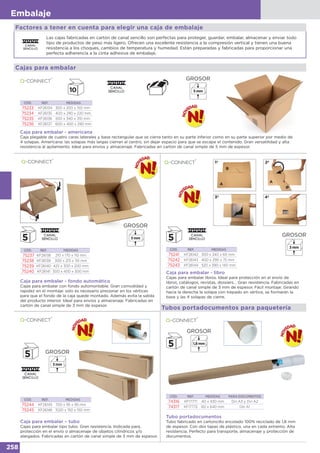 258
Embalaje
CÓD. REF. MEDIDAS PARA DOCUMENTOS
74316 KF17771 40 x 430 mm Din A3 y Din A2
74317 KF17772 60 x 640 mm Din A1
Tubos portadocumentos para paquetería
Tubo portadocumentos
Tubo fabricado en cartoncillo encolado 100% reciclado de 1,8 mm
de espesor. Con dos tapas de plástico, una en cada extremo. Alta
resistencia. Perfecto para transporte, almacenaje y protección de
documentos.
CÓD. REF. MEDIDAS
75237 KF26138 210 x 170 x 110 mm
75238 KF26139 300 x 215 x 110 mm
75239 KF26140 425 x 300 x 200 mm
75240 KF26141 500 x 400 x 300 mm
Caja para embalar - fondo automático
Cajas para embalar con fondo automontable. Gran comodidad y
rapidez en el montaje: solo es necesario presionar en los vértices
para que el fondo de la caja quede montado. Además evita la salida
del producto interior. Ideal para envíos y almacenaje. Fabricadas en
cartón de canal simple de 3 mm de espesor.
CÓD. REF. MEDIDAS
75241 KF26142 300 x 240 x 60 mm
75242 KF26143 400 x 290 x 75 mm
75243 KF26144 520 x 390 x 140 mm
Caja para embalar - libro
Cajas para embalar libros. Ideal para protección en el envío de
libros, catálogos, revistas, dossiers… Gran resistencia. Fabricadas en
cartón de canal simple de 3 mm de espesor. Fácil montaje: Girando
hacia la derecha la solapa con trepado en vértice, se formarán la
base y las 4 solapas de cierre.
CÓD. REF. MEDIDAS
75244 KF26145 700 x 95 x 95 mm
75245 KF26146 1020 x 150 x 150 mm
Caja para embalar – tubo
Cajas para embalar tipo tubo. Gran resistencia. Indicada para,
protección en el envío o almacenaje de objetos cilíndricos y/o
alargados. Fabricadas en cartón de canal simple de 3 mm de espesor.
Factores a tener en cuenta para elegir una caja de embalaje
Las cajas fabricadas en cartón de canal sencillo son perfectas para proteger, guardar, embalar, almacenar y enviar todo
tipo de productos de peso más ligero. Ofrecen una excelente resistencia a la compresión vertical y tienen una buena
resistencia a los choques, cambios de temperatura y humedad. Están preparadas y fabricadas para proporcionar una
perfecta adherencia a la cinta adhesiva de embalaje.
A
B
1º 2º
A
B
3º 4º
GROSOR
5 mm
GROSOR
3 mm
GROSOR
1,8 mm
Cajas para embalar
CÓD. REF. MEDIDAS
75233 KF26134 300 x 200 x 150 mm
75234 KF26135 400 x 290 x 220 mm
75235 KF26136 500 x 340 x 310 mm
75236 KF26137 600 x 400 x 290 mm
Caja para embalar - americana
Caja plegable de cuatro caras laterales y base rectangular que se cierra tanto en su parte inferior como en su parte superior por medio de
4 solapas. Americana: las solapas más largas cierran al centro, sin dejar espacio para que se escape el contenido. Gran versatilidad y alta
resistencia al apilamiento. Ideal para envíos y almacenaje. Fabricadas en cartón de canal simple de 5 mm de espesor.
GROSOR
3 mm
GROSOR
3 mm
 